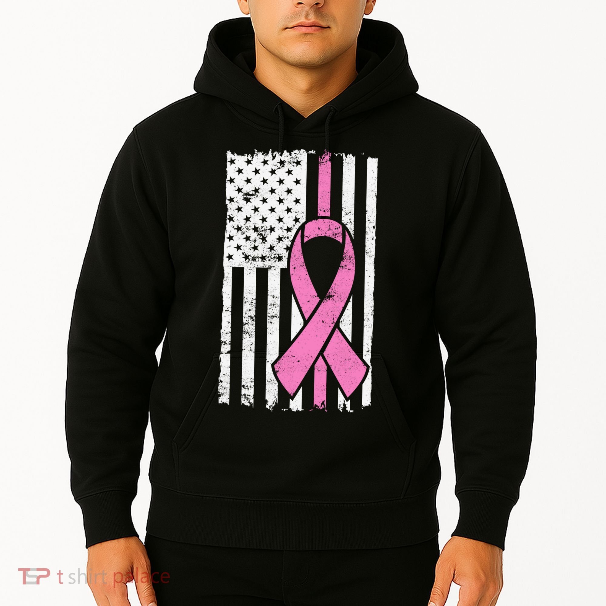 Distressed Breast Cancer Ribbon Flag Hoodie
