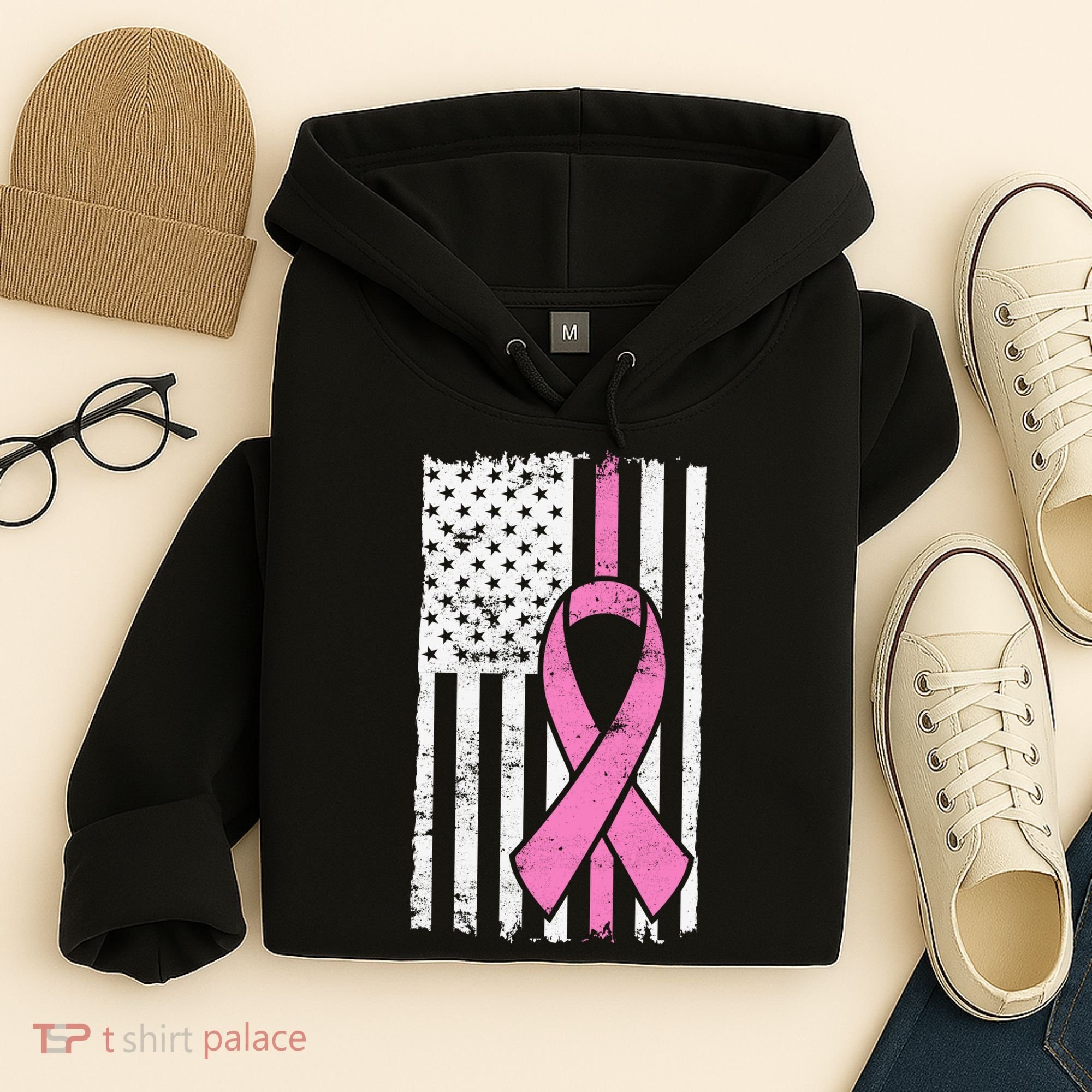 Distressed Breast Cancer Ribbon Flag Hoodie