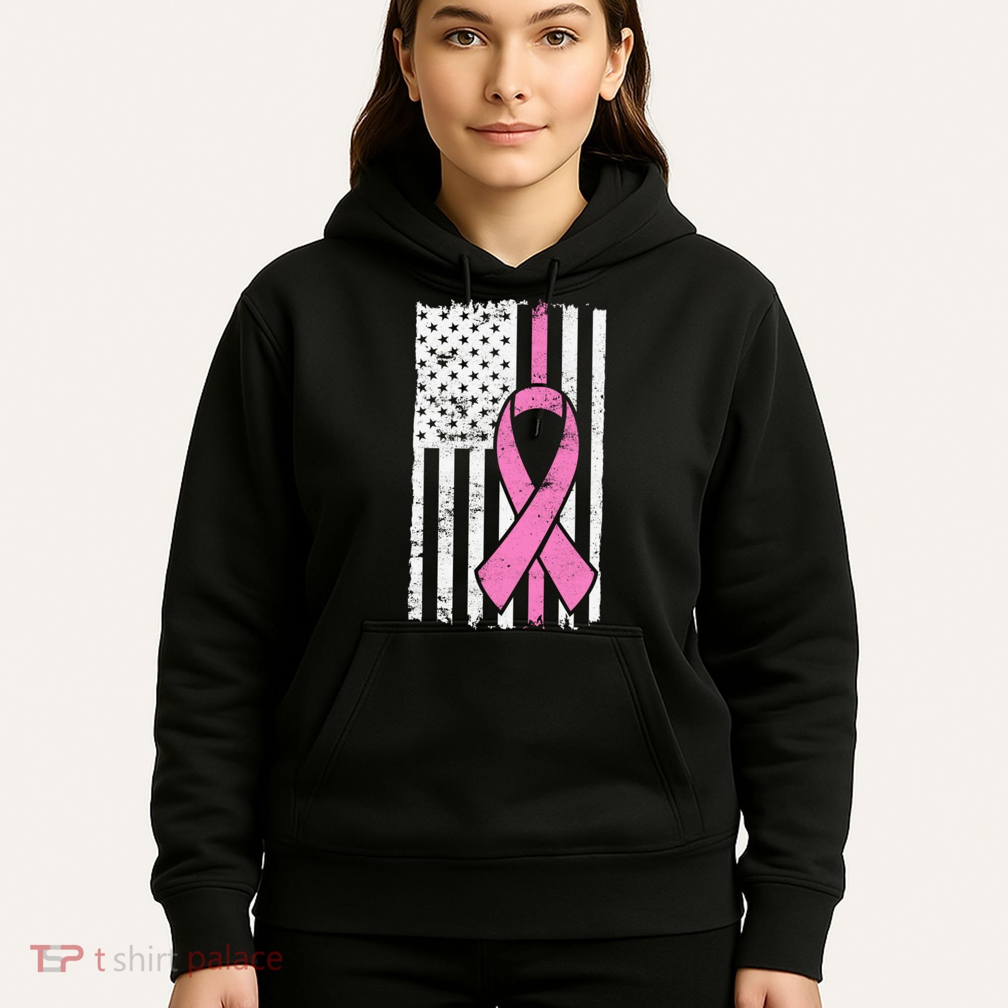 Distressed Breast Cancer Ribbon Flag Hoodie