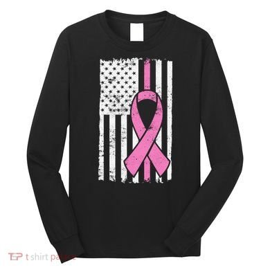 Distressed Breast Cancer Ribbon Flag Long Sleeve Shirt