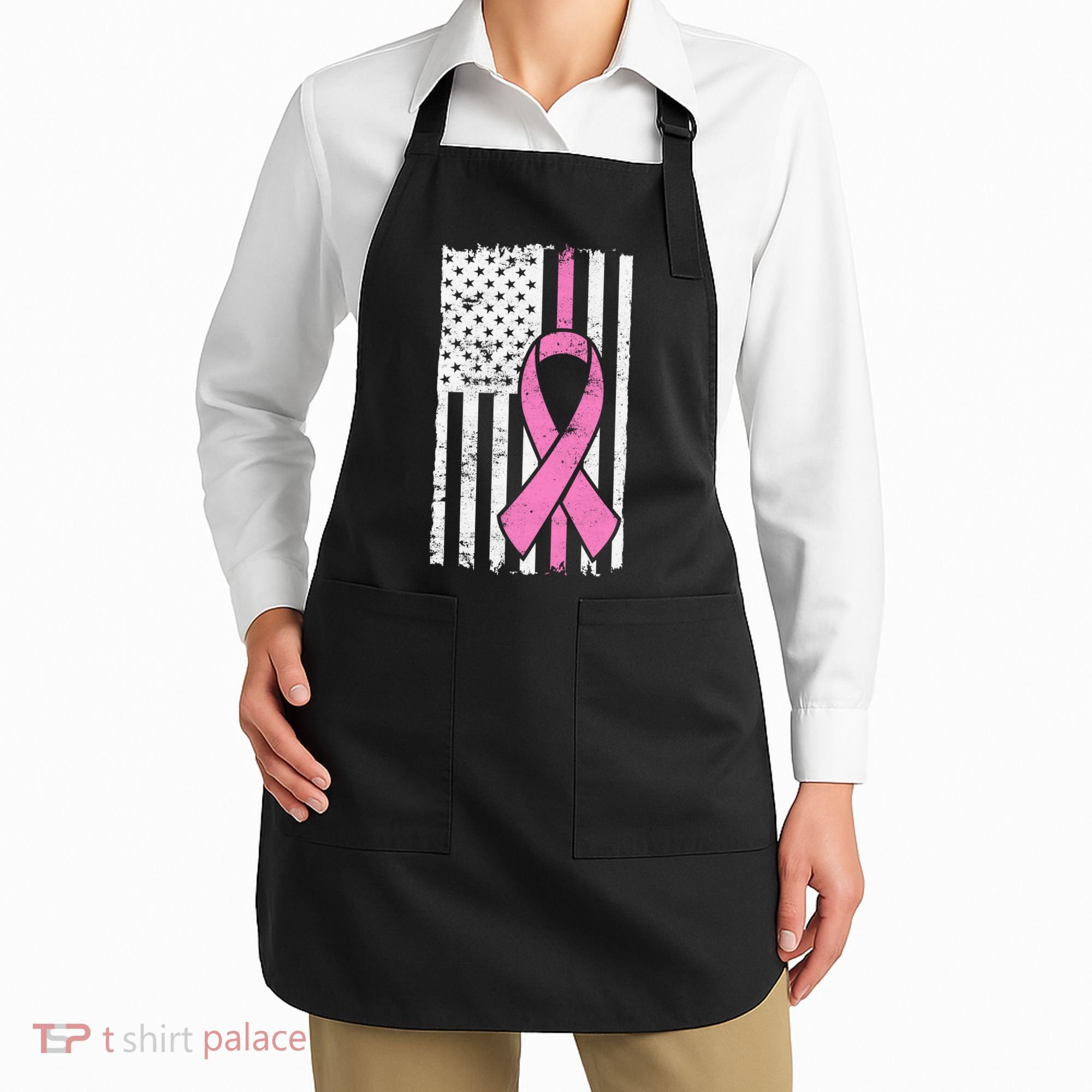 Distressed Breast Cancer Ribbon Flag Apron