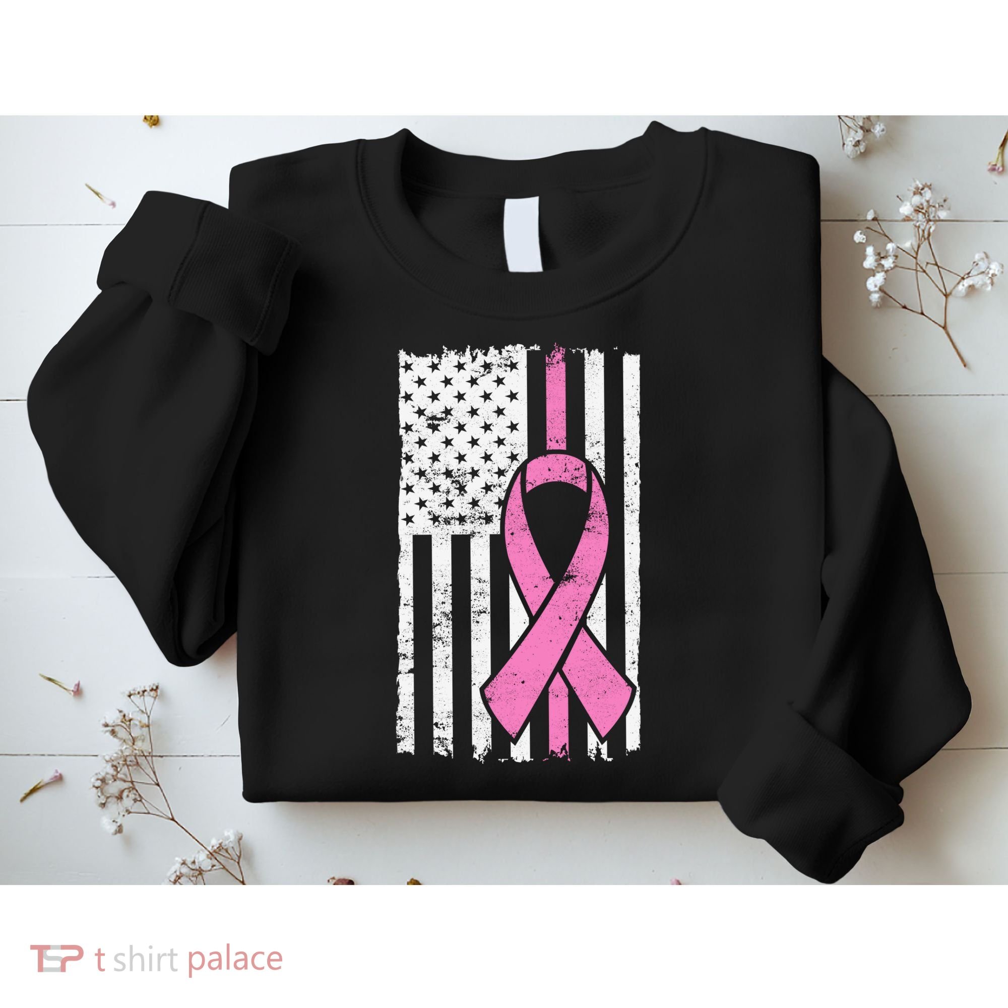 Distressed Breast Cancer Ribbon Flag Sweatshirt
