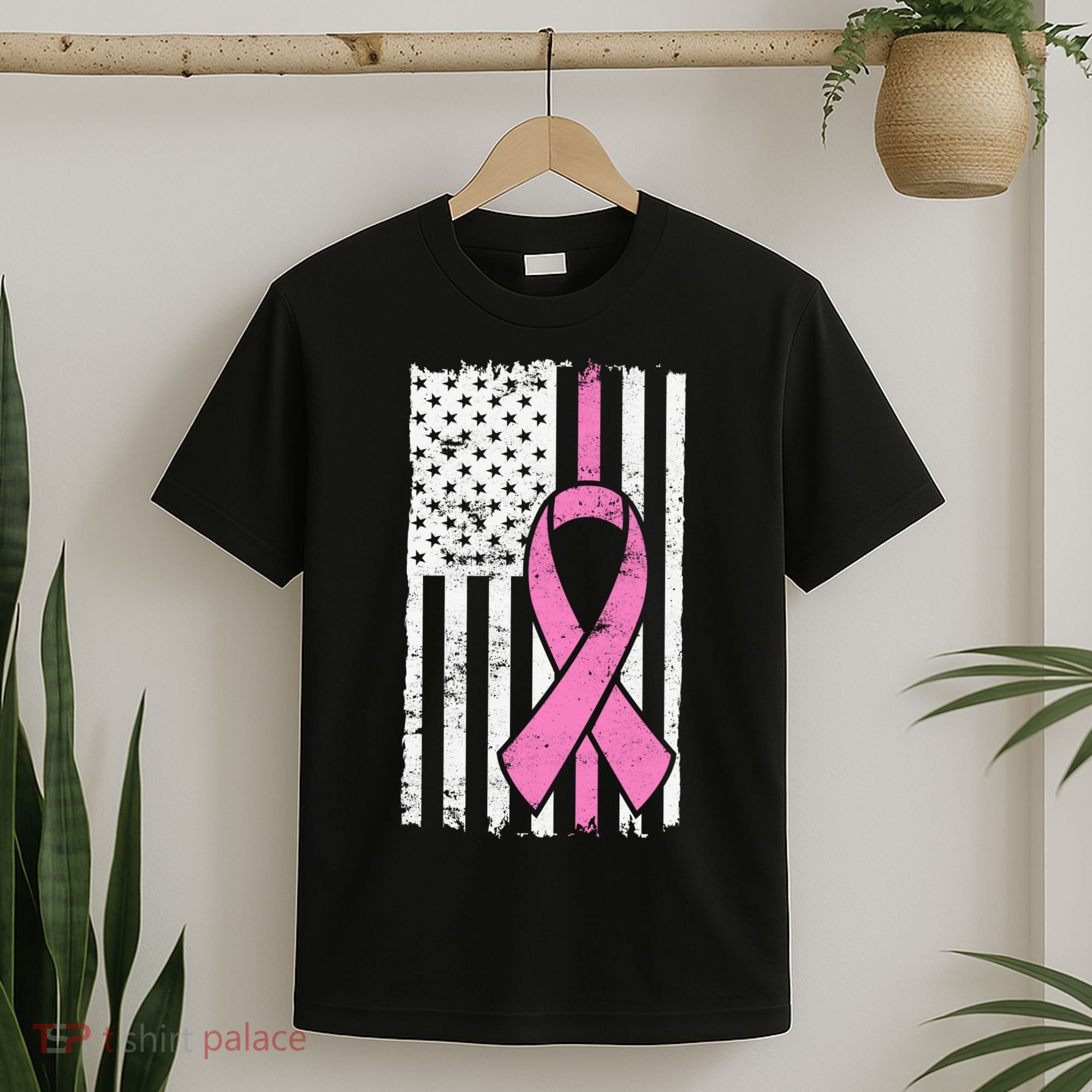 Distressed Breast Cancer Ribbon Flag T-Shirt