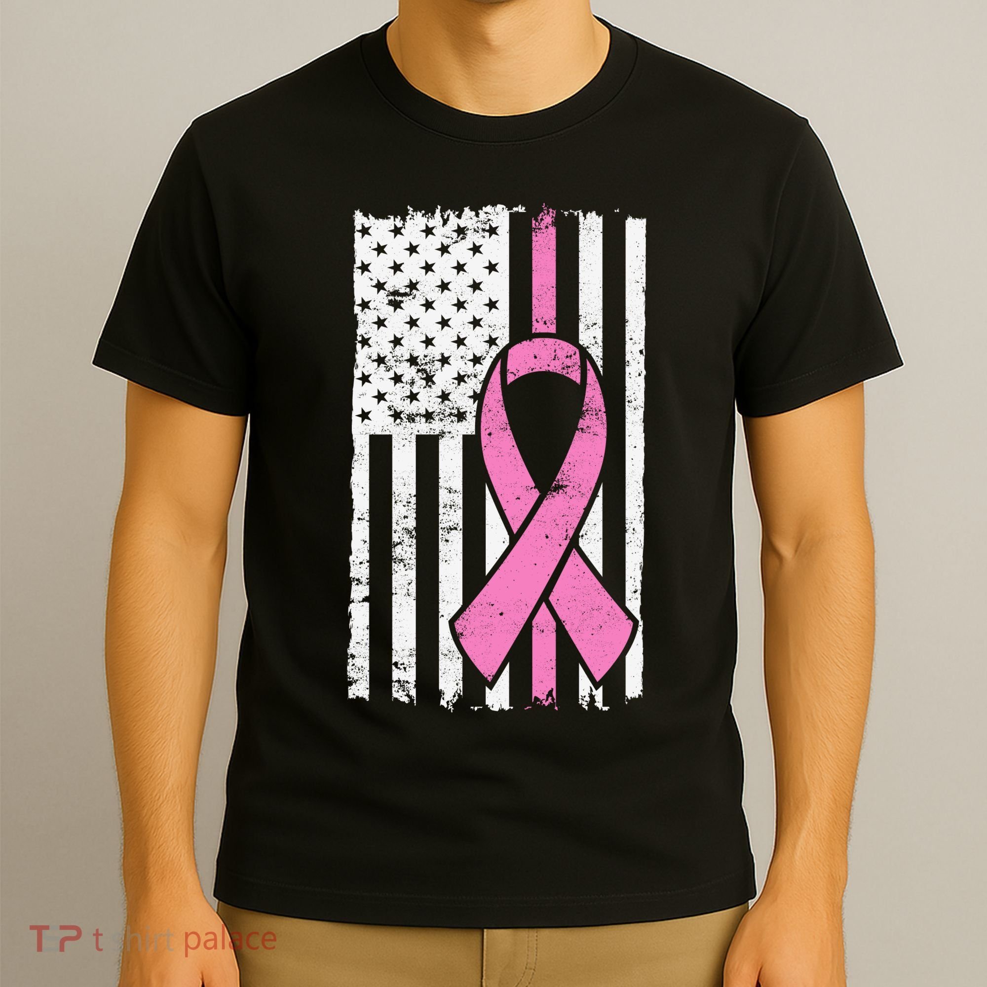 Distressed Breast Cancer Ribbon Flag T-Shirt
