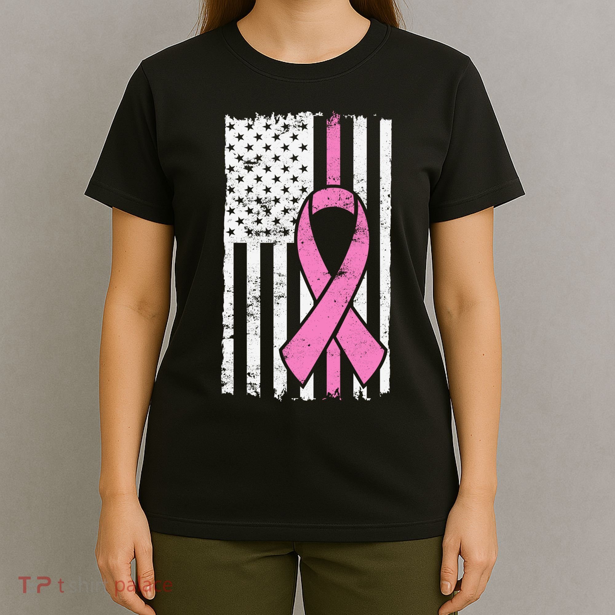 Distressed Breast Cancer Ribbon Flag T-Shirt