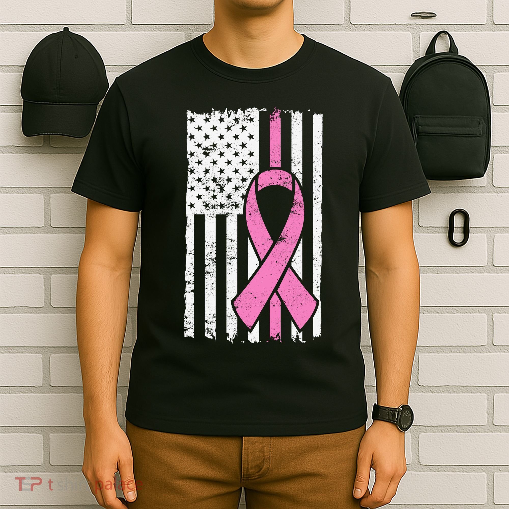 Distressed Breast Cancer Ribbon Flag T-Shirt