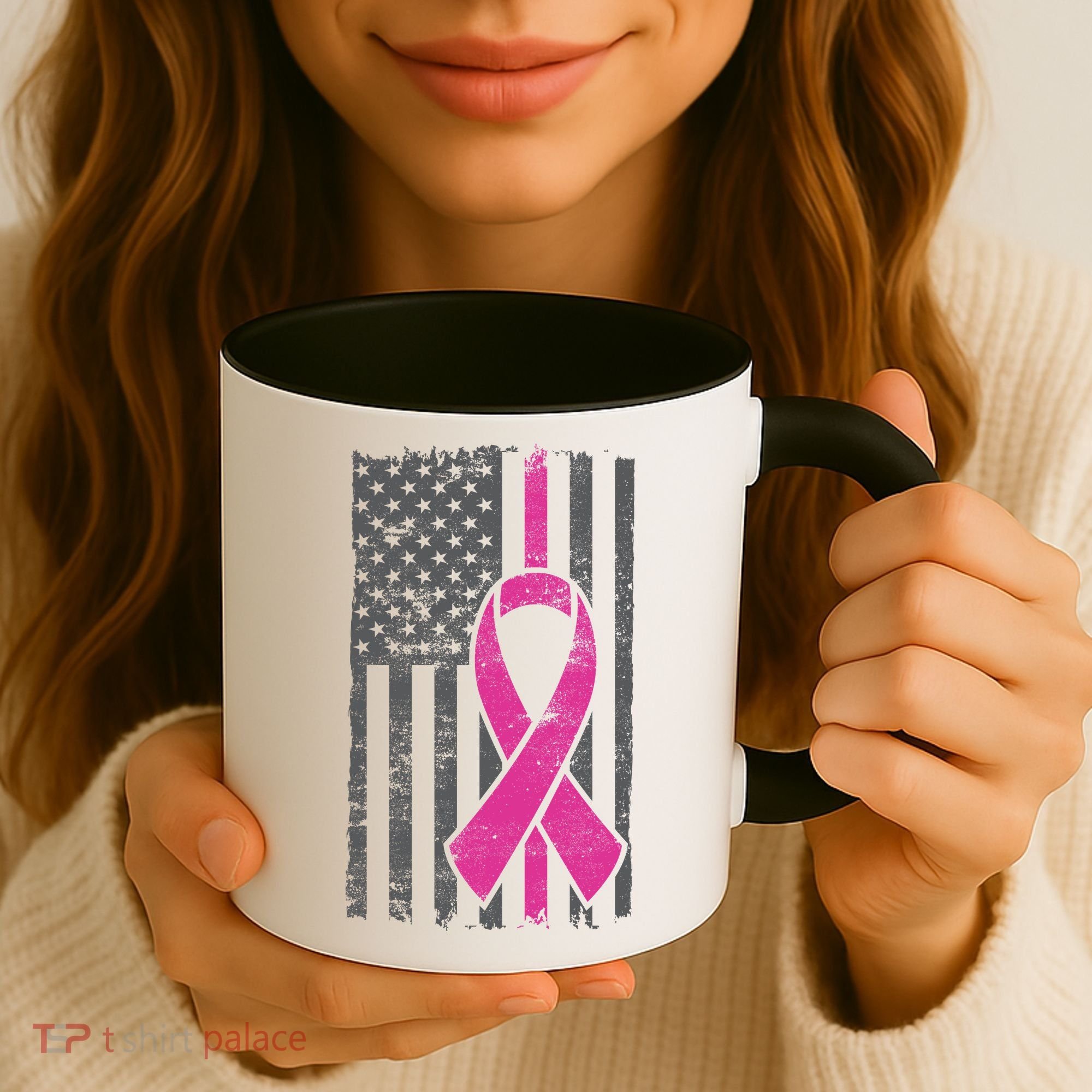 Distressed Breast Cancer Ribbon Flag Coffee Mug