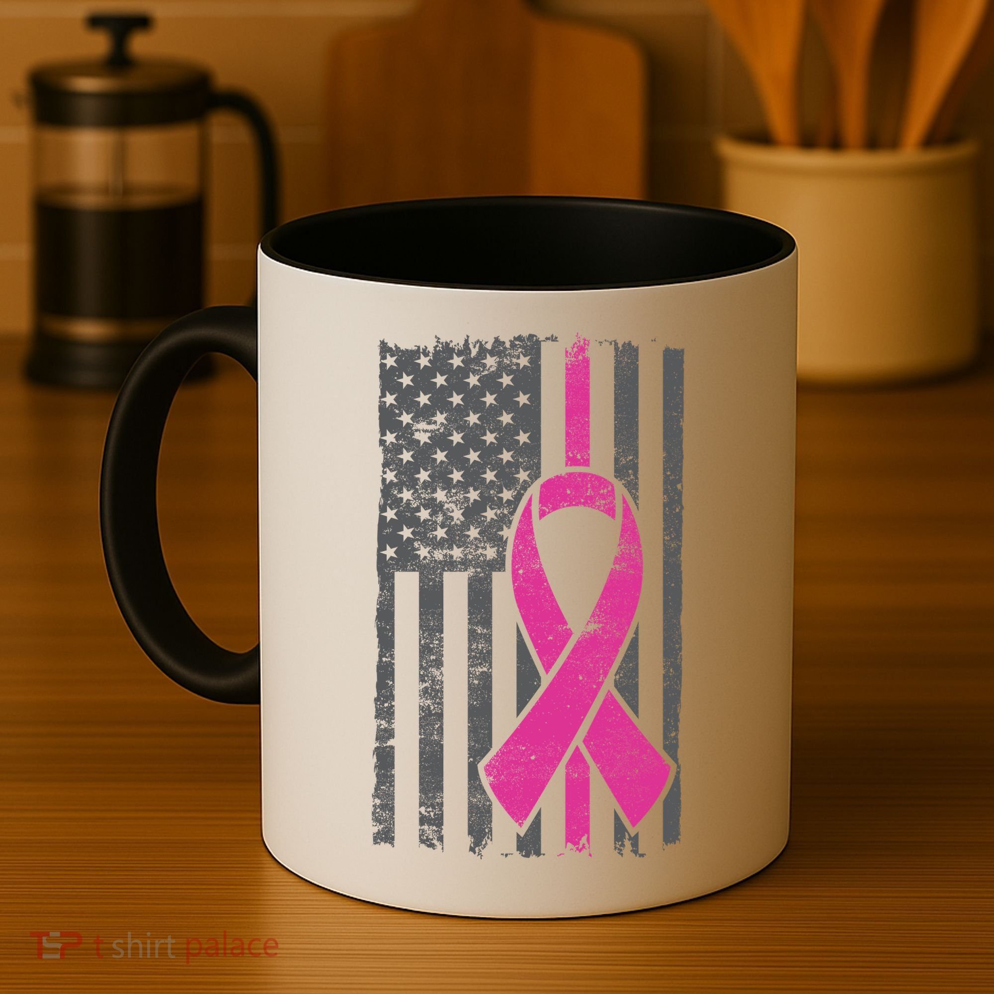 Distressed Breast Cancer Ribbon Flag Coffee Mug