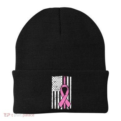 Distressed Breast Cancer Ribbon Flag Beanie