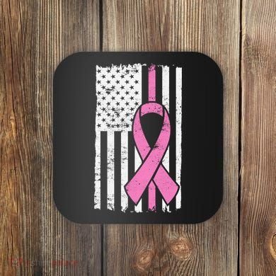 Distressed Breast Cancer Ribbon Flag Coaster