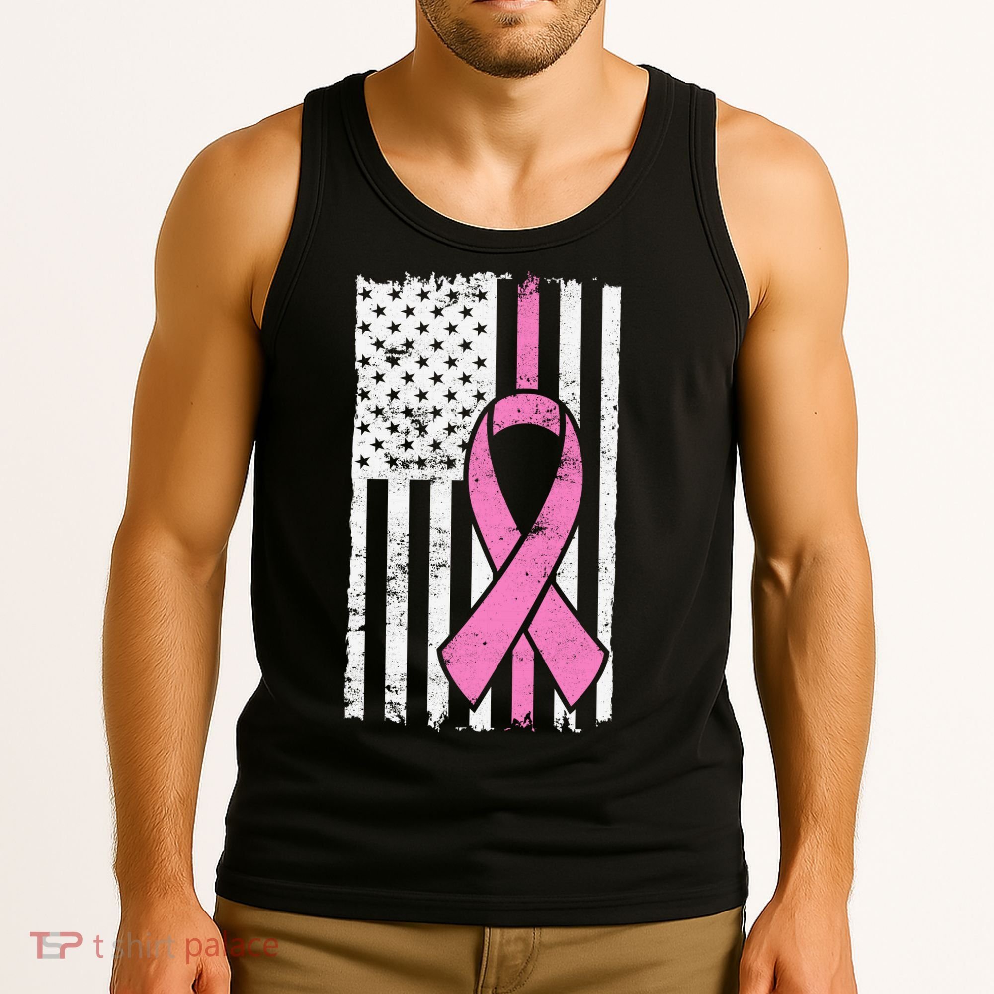 Distressed Breast Cancer Ribbon Flag Tank Top