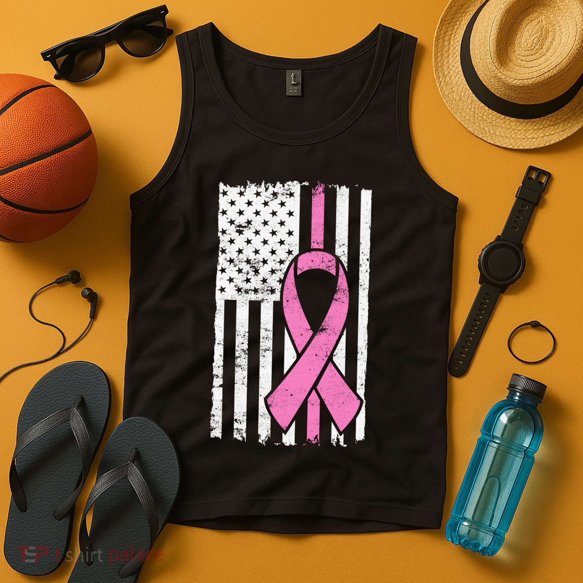 Distressed Breast Cancer Ribbon Flag Tank Top