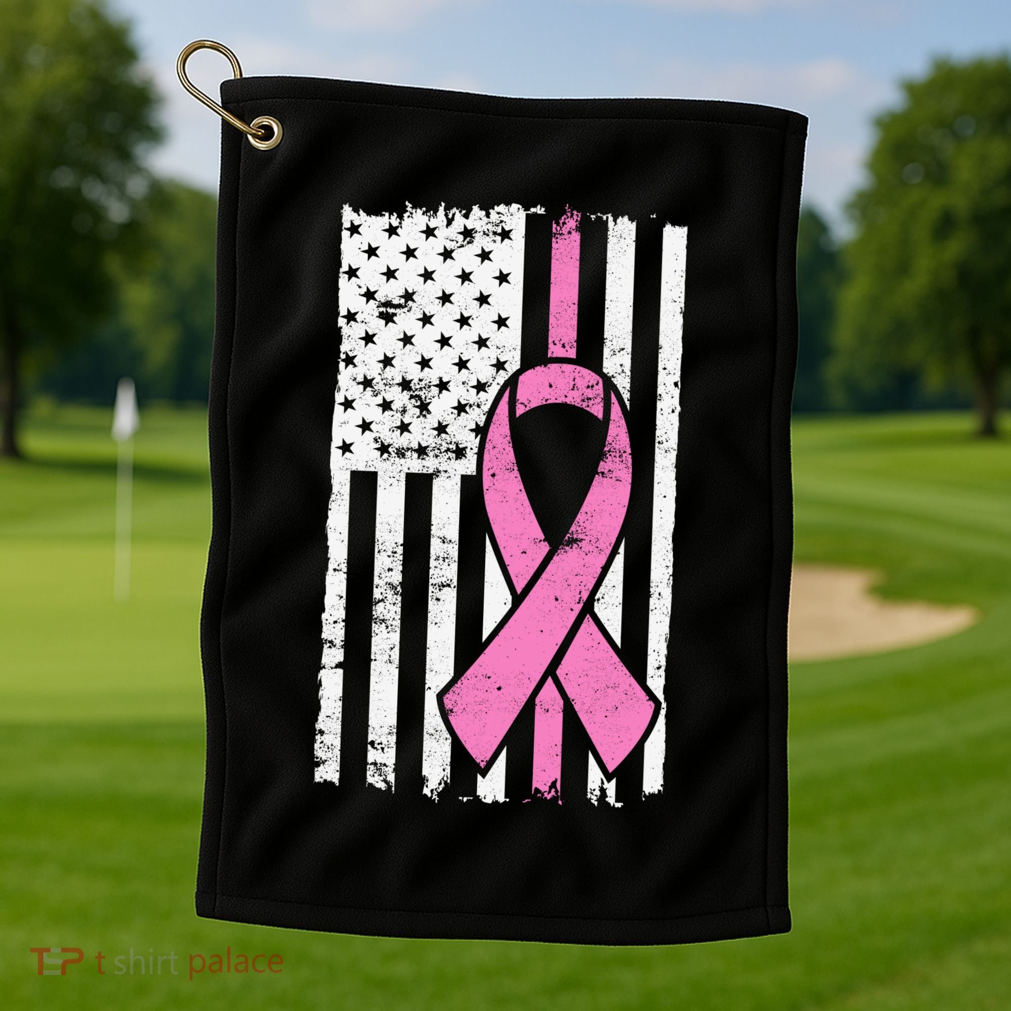 Distressed Breast Cancer Ribbon Flag Golf Towel