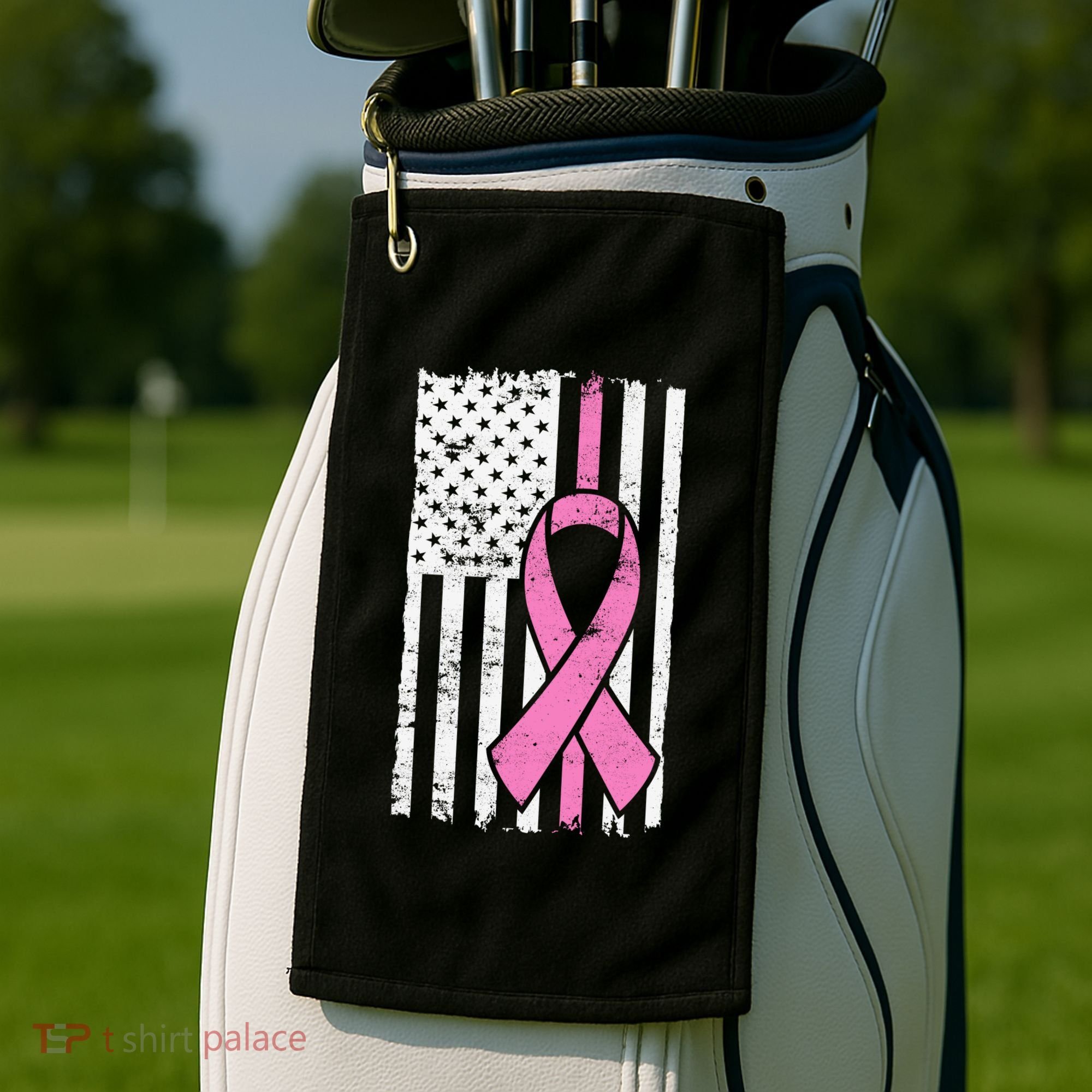 Distressed Breast Cancer Ribbon Flag Golf Towel
