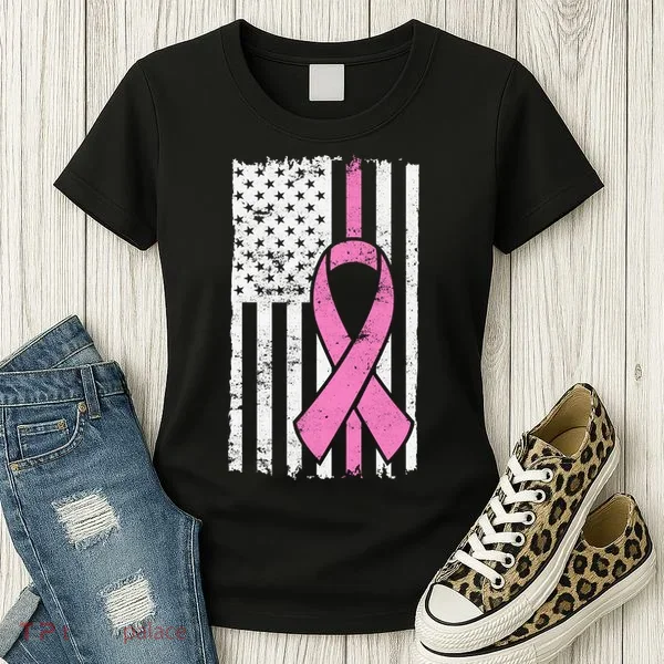 Distressed Breast Cancer Ribbon Flag Women's T-Shirt