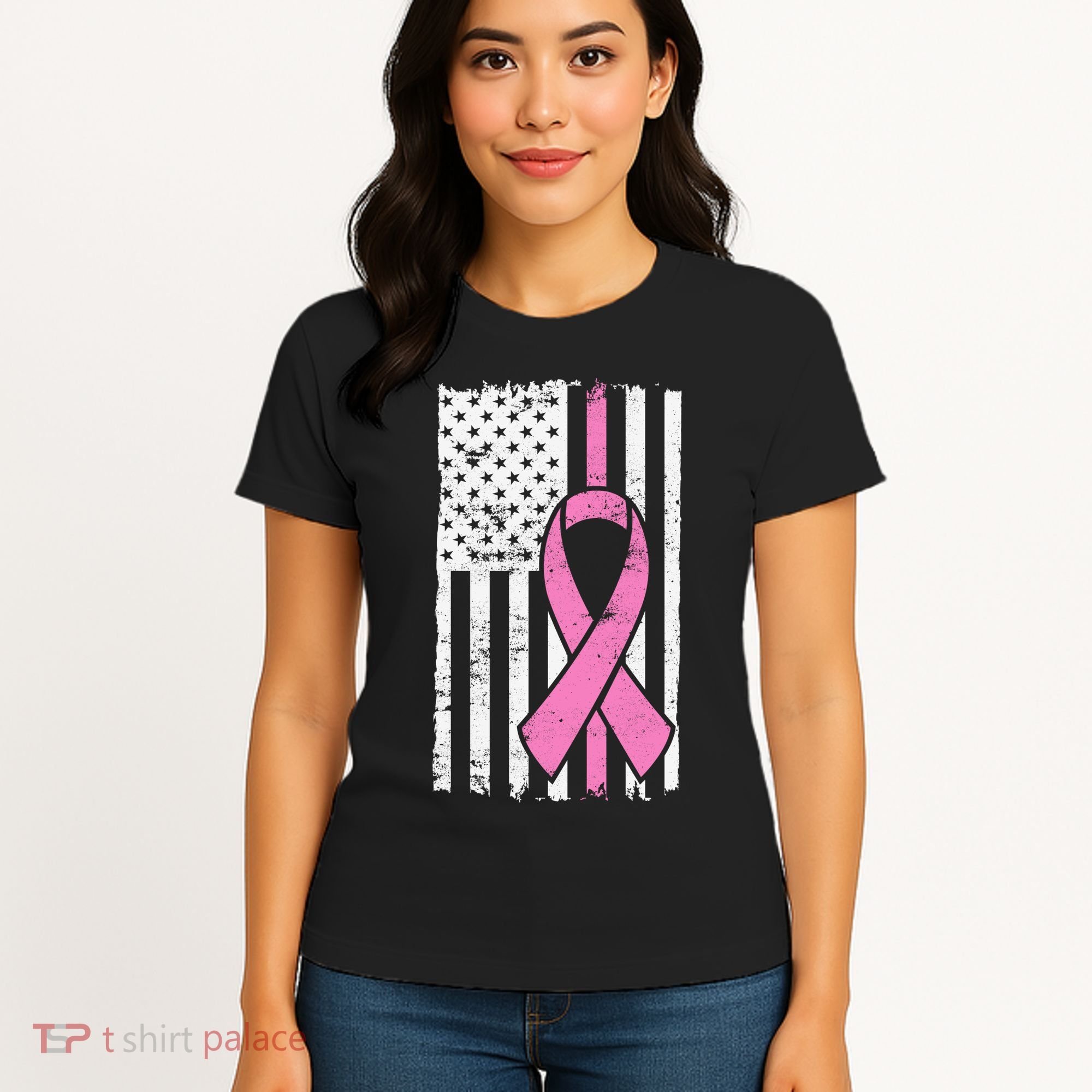 Distressed Breast Cancer Ribbon Flag Women's T-Shirt