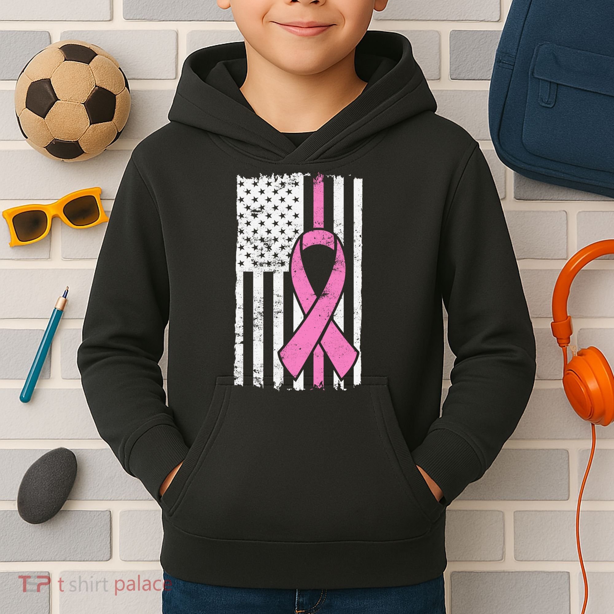 Distressed Breast Cancer Ribbon Flag Kids Hoodie