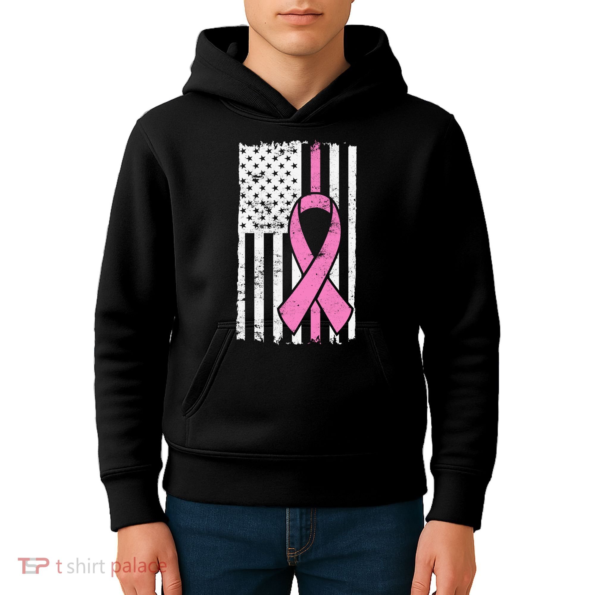 Distressed Breast Cancer Ribbon Flag Kids Hoodie