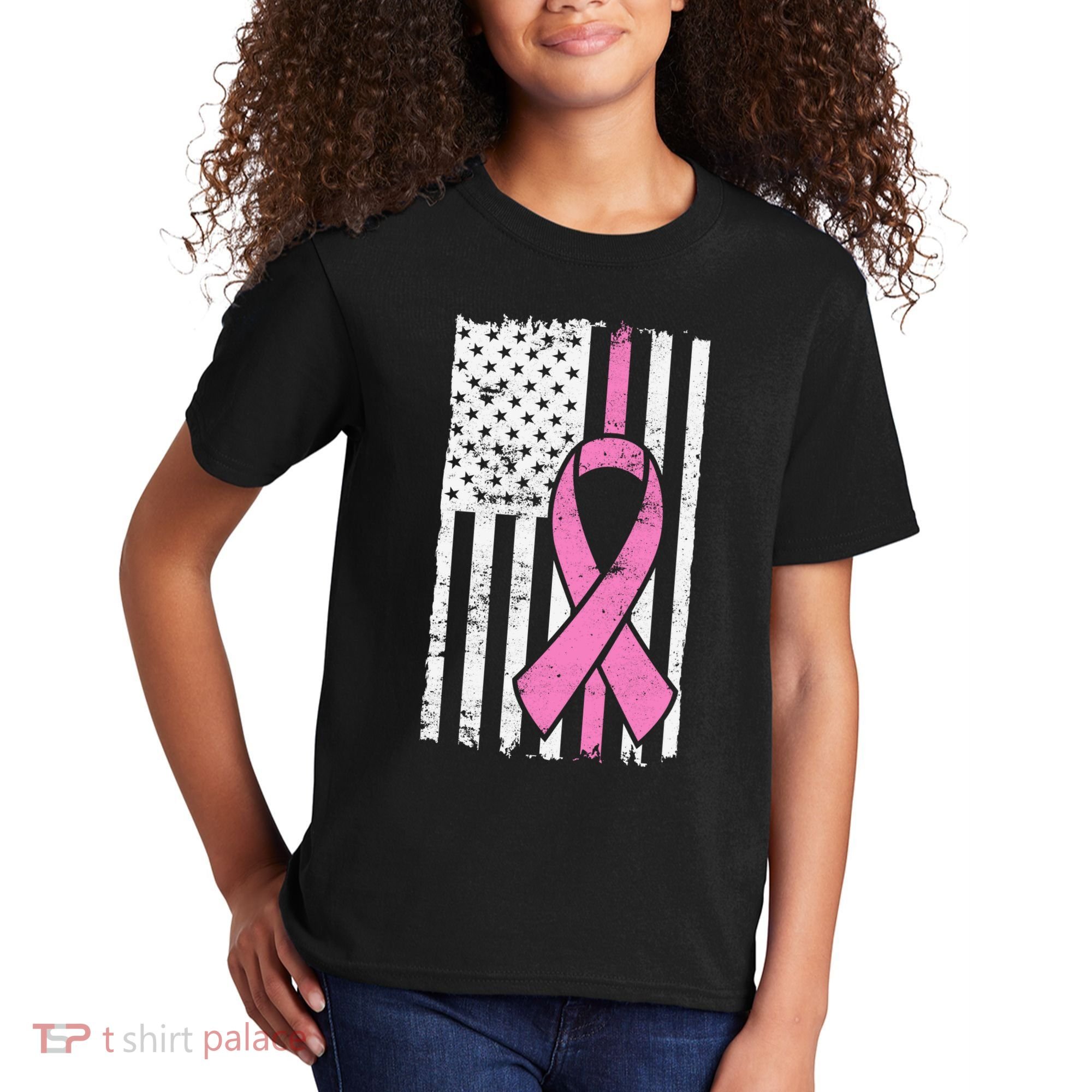 Distressed Breast Cancer Ribbon Flag Kids T-Shirt