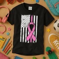 Distressed Breast Cancer Ribbon Flag Kids T-Shirt thumb 3