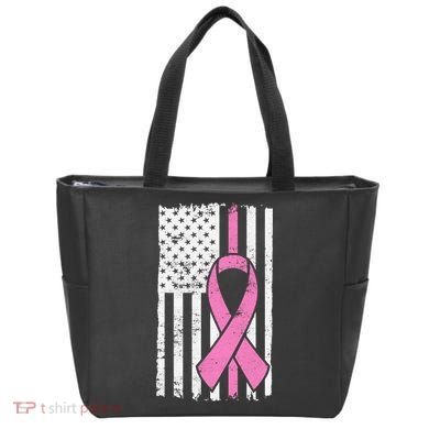Distressed Breast Cancer Ribbon Flag Tote Bag