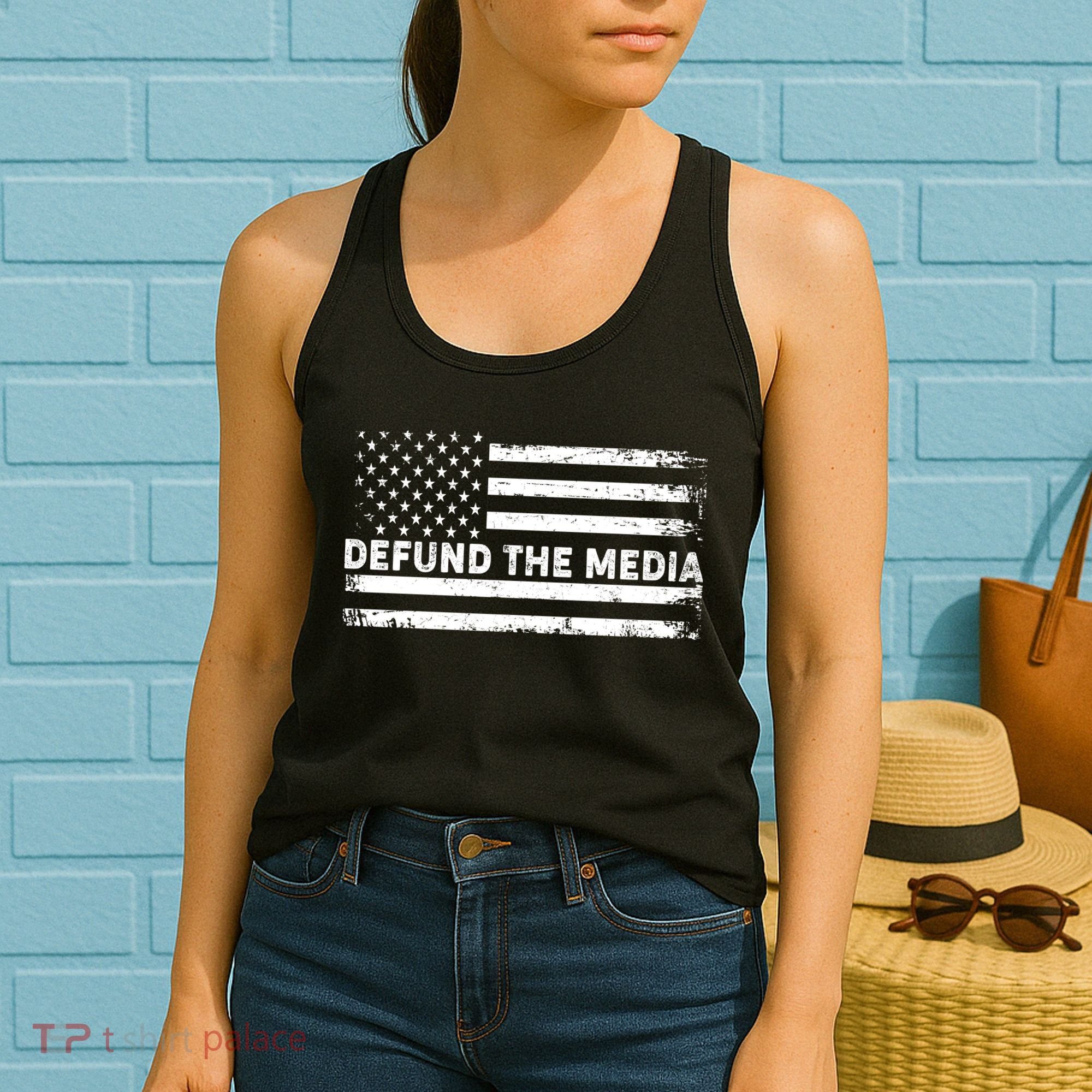 Distressed Defund The Media American Flag Women's Tank Top