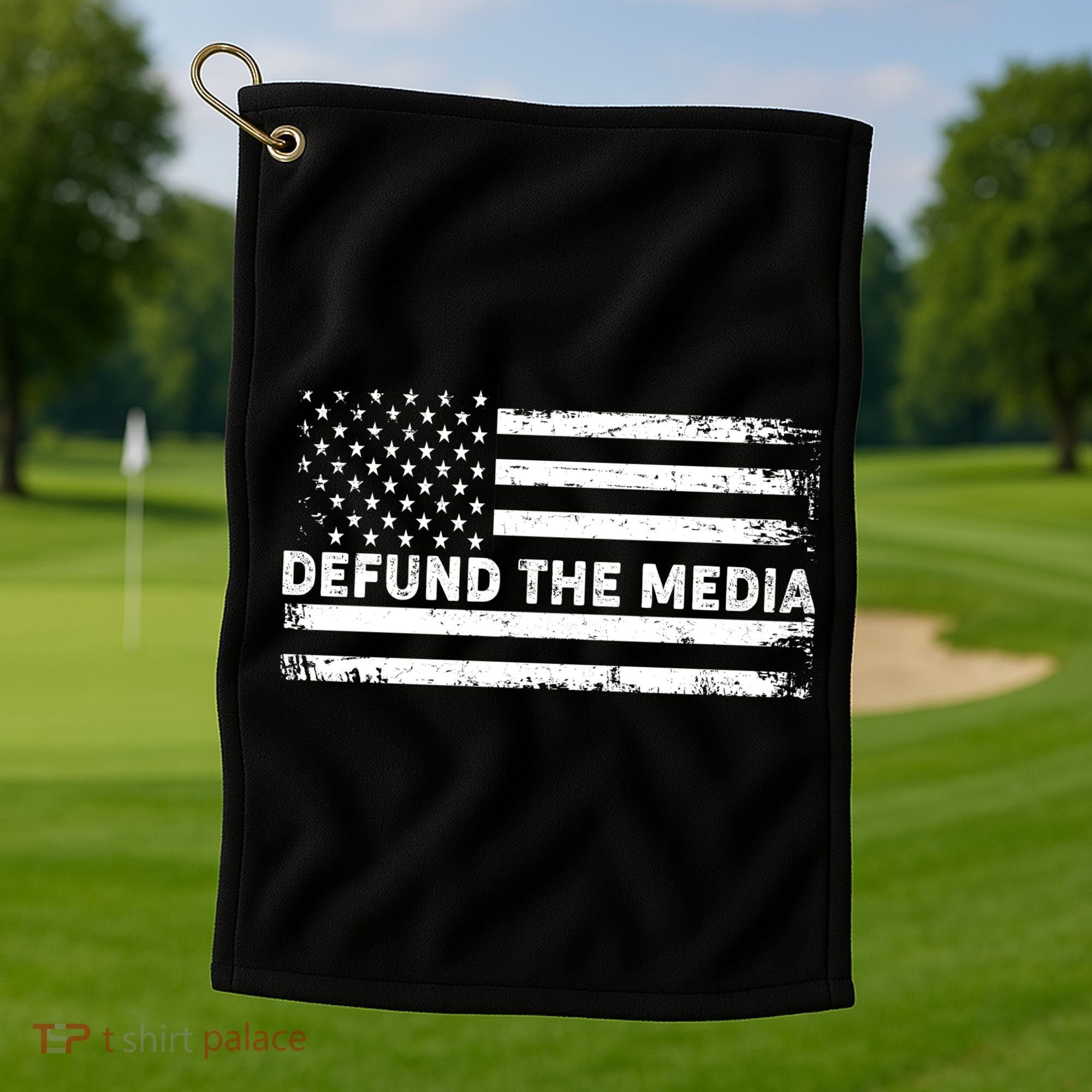 Distressed Defund The Media American Flag Golf Towel