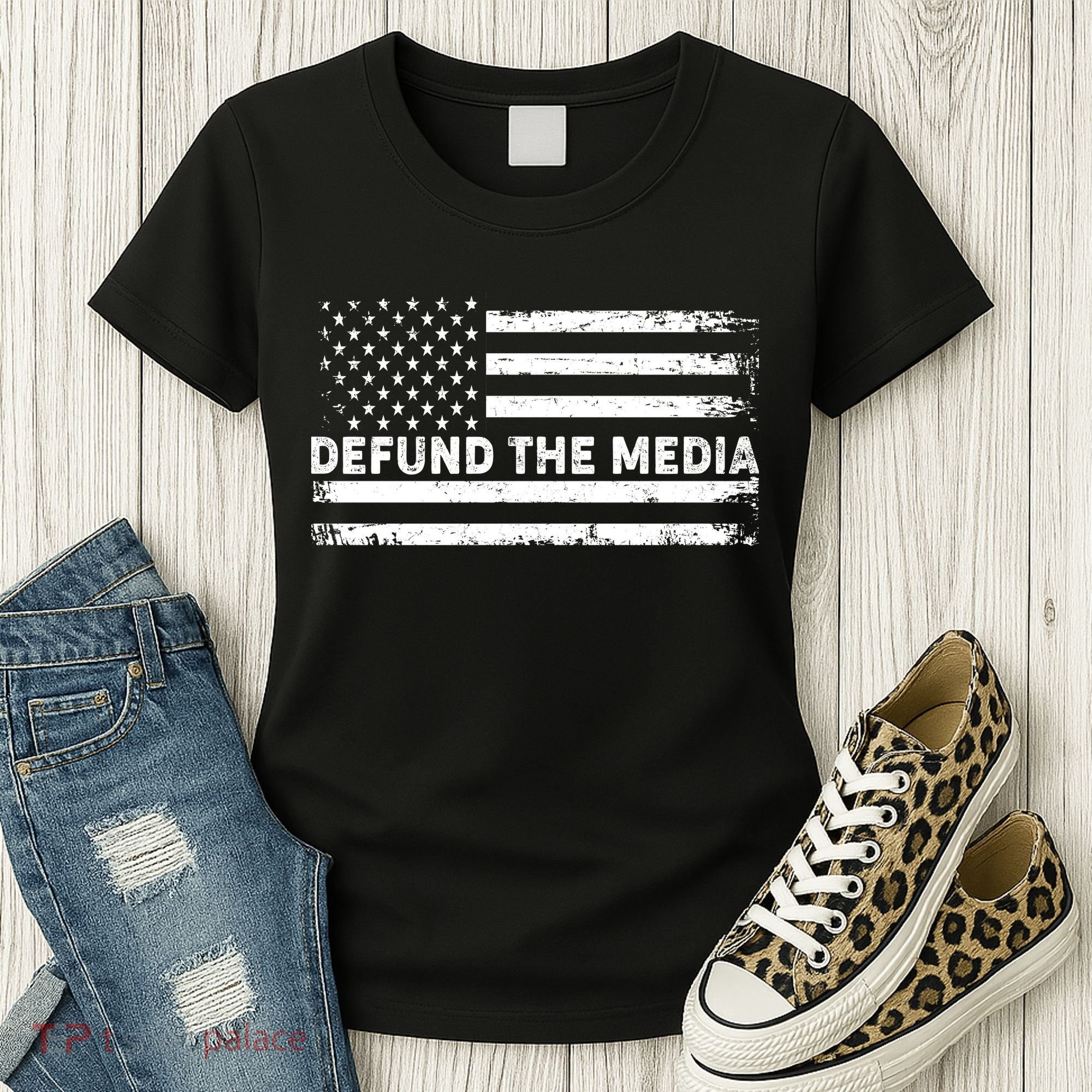 Distressed Defund The Media American Flag Women's T-Shirt
