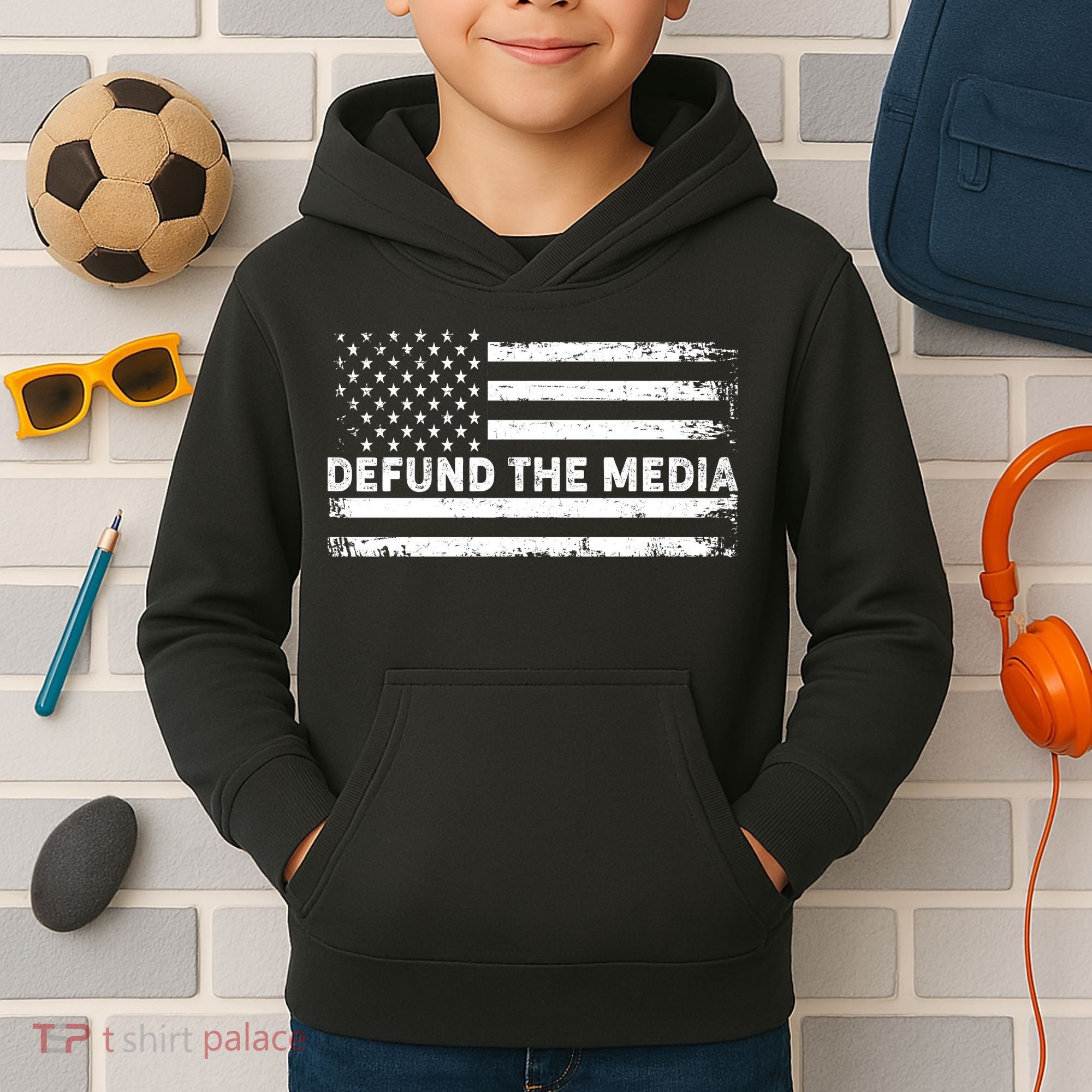 Distressed Defund The Media American Flag Kids Hoodie