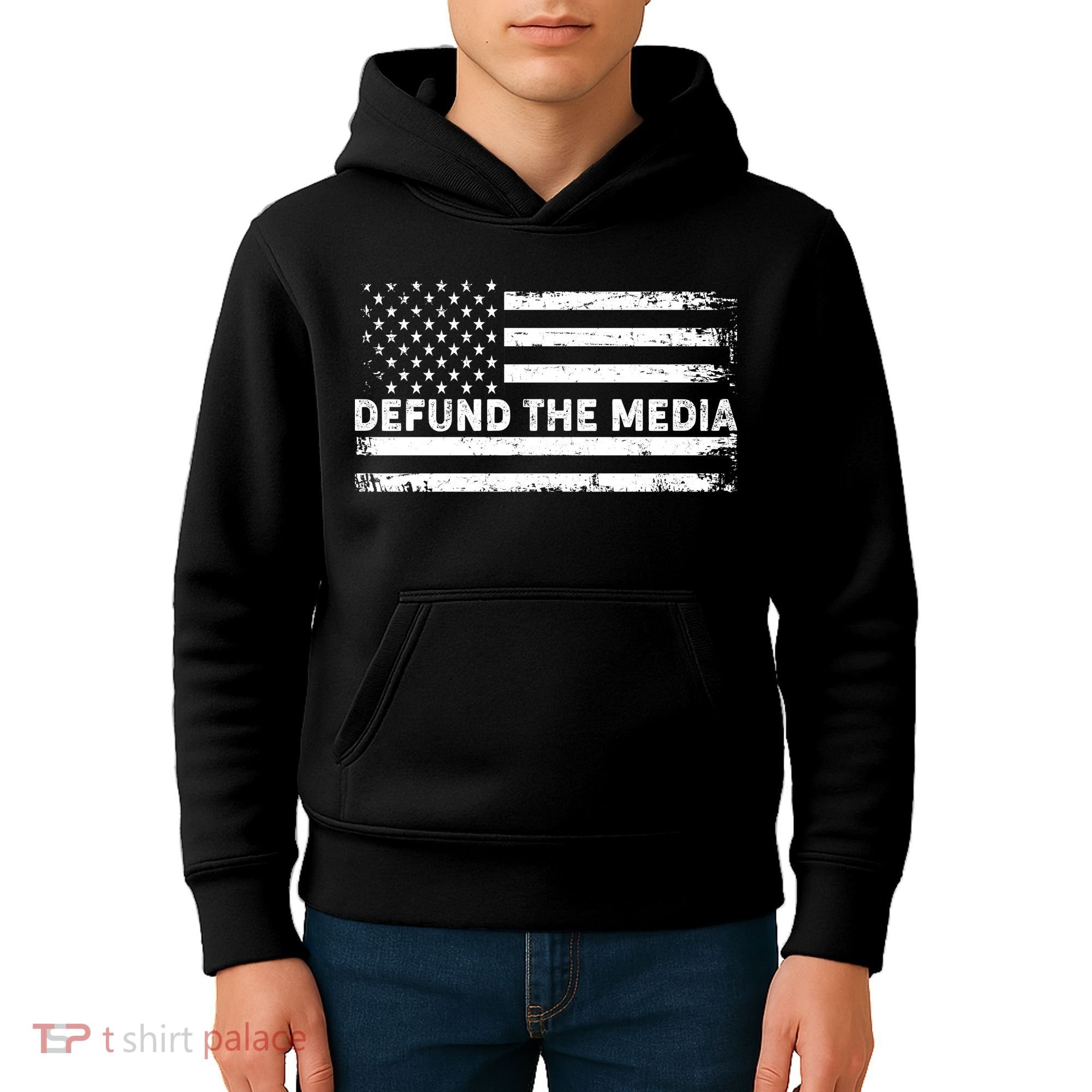Distressed Defund The Media American Flag Kids Hoodie