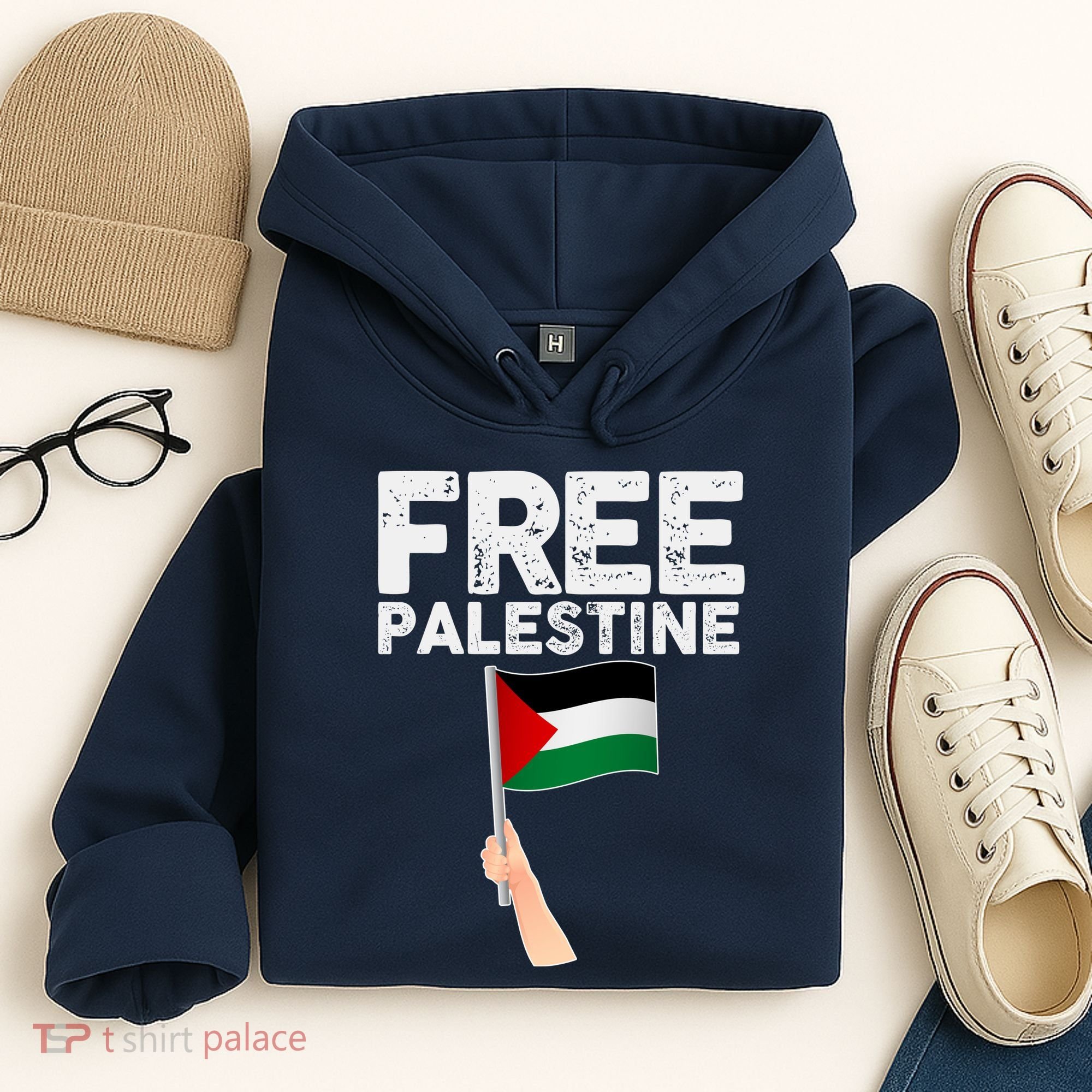 Distressed Free Palestine Waving Flag Hoodie