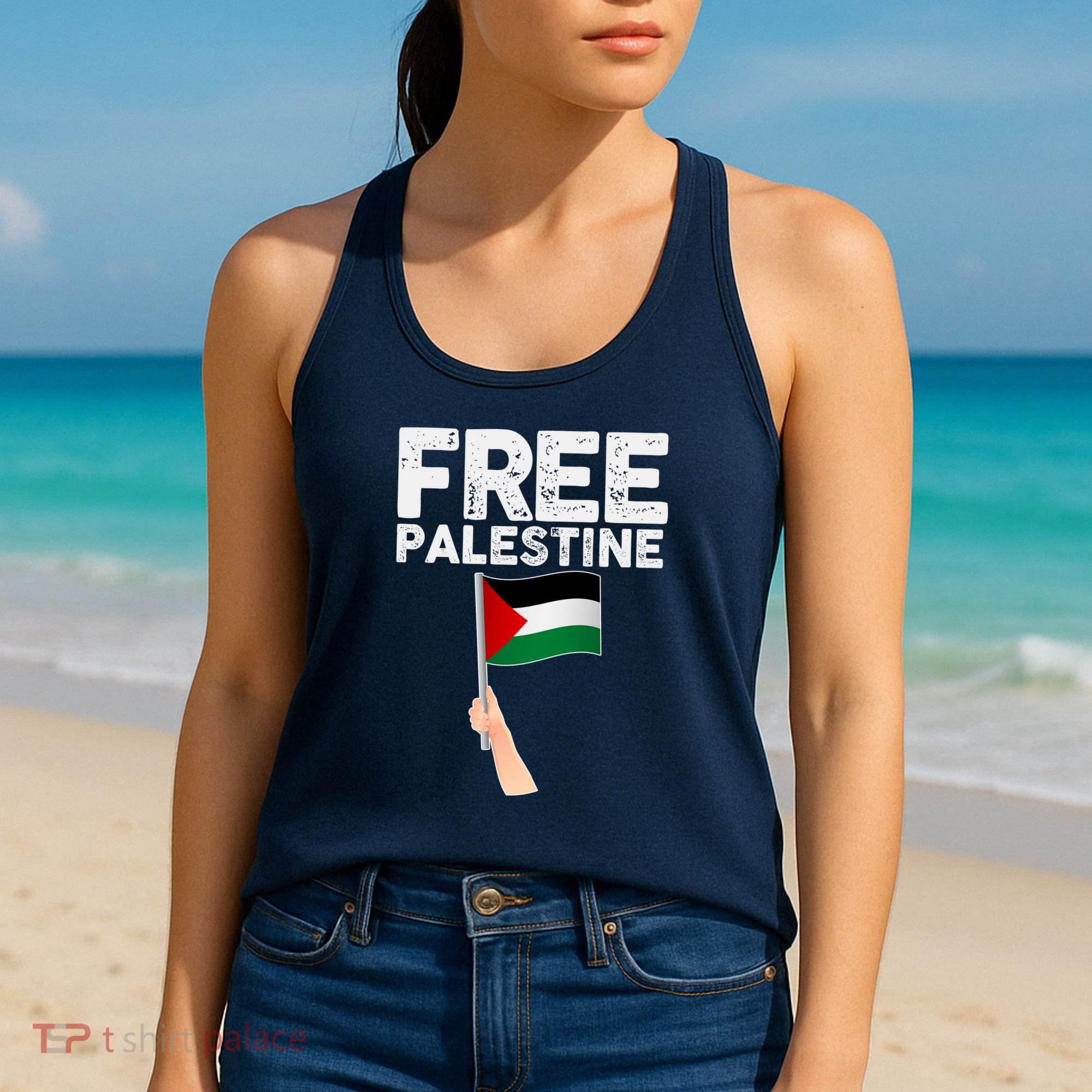 Distressed Free Palestine Waving Flag Women's Tank Top
