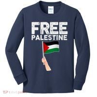 Distressed Free Palestine Waving Flag Kids Long Sleeve Shirt thumb 0