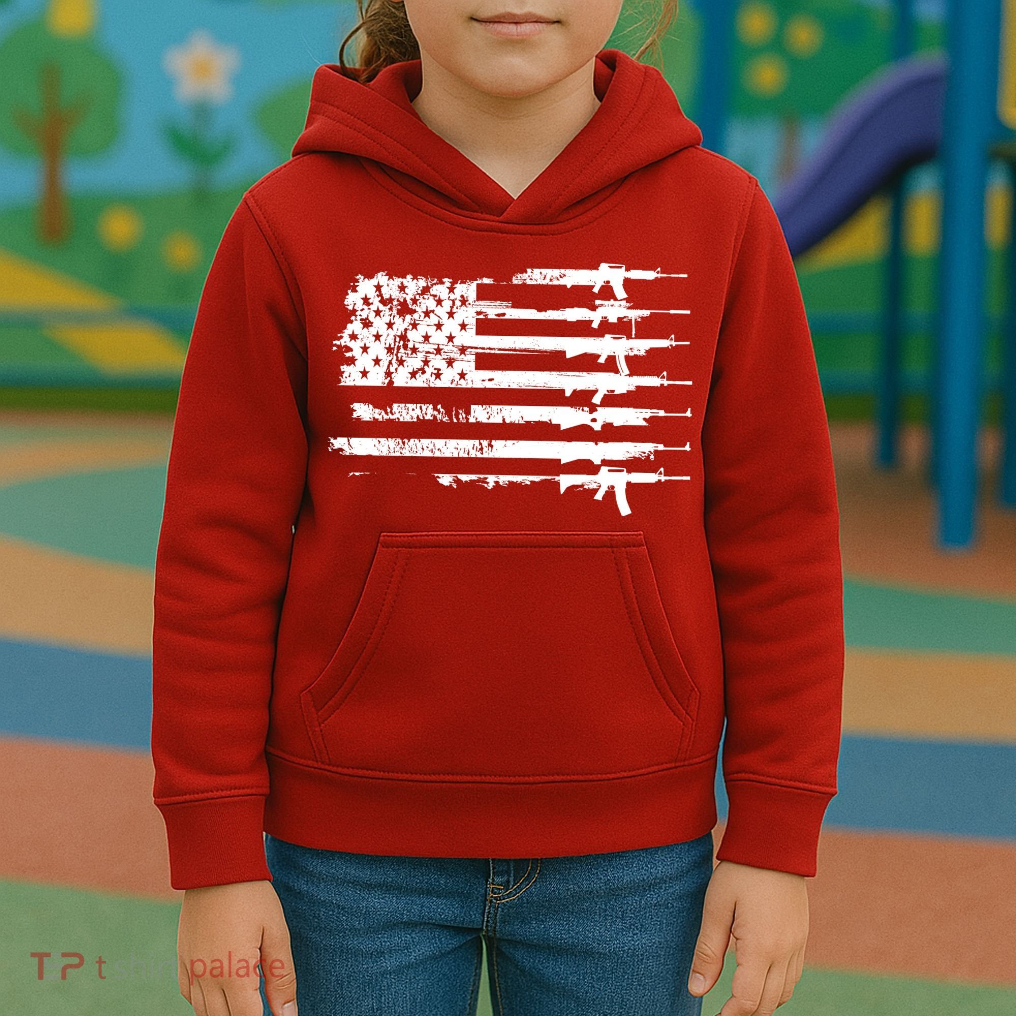 Distressed Gun Riffle US Flag Kids Hoodie
