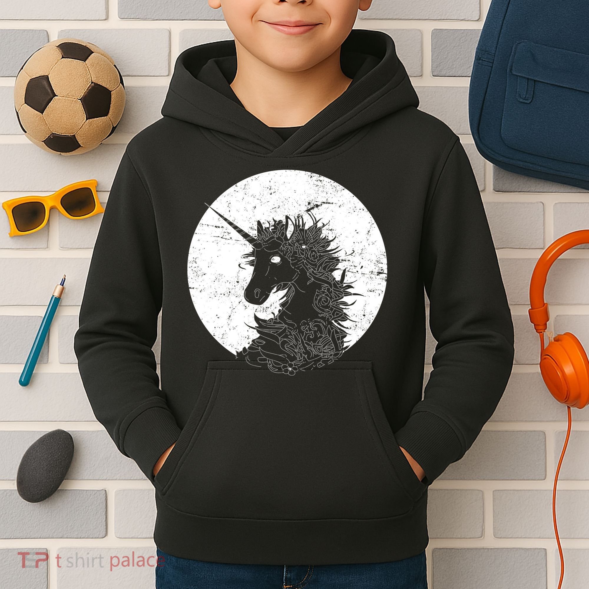 Distressed Unicorn Emblem Kids Hoodie