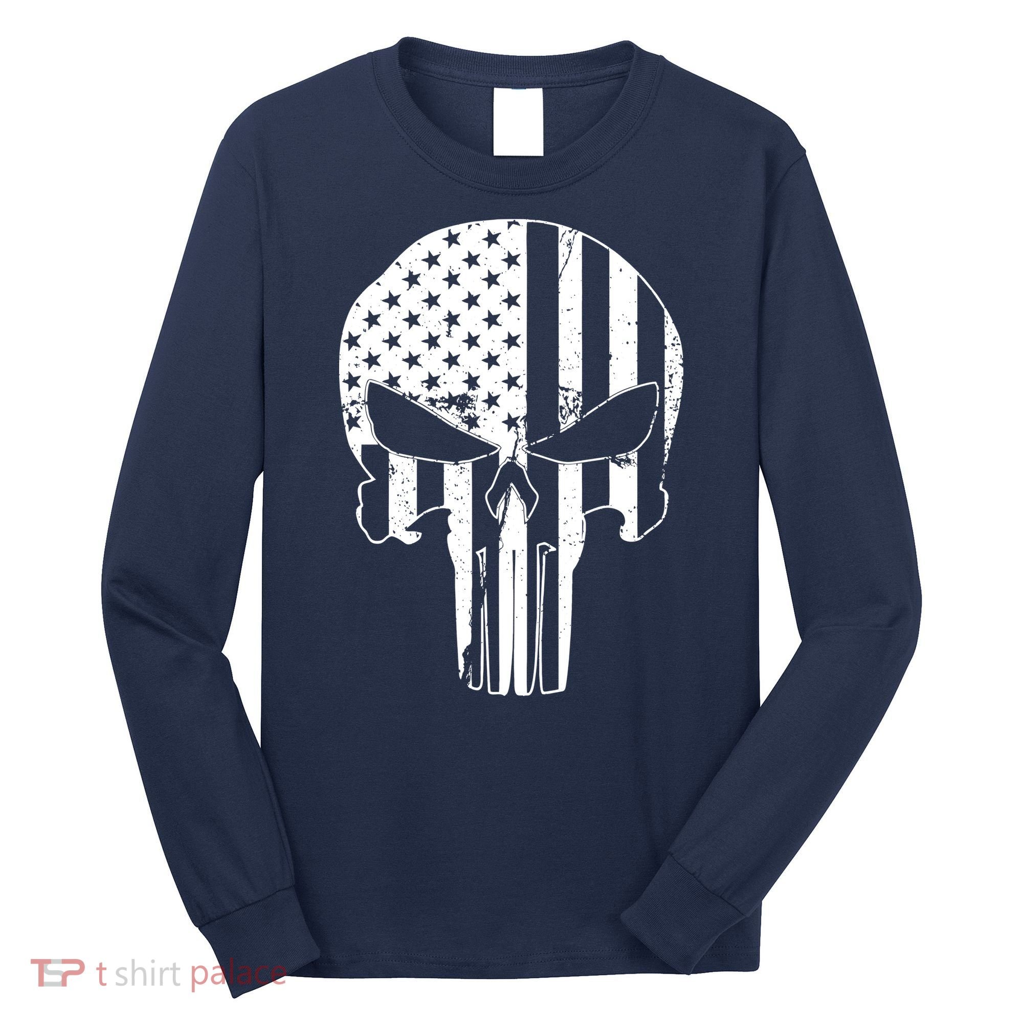 Distressed USA American Skull Long Sleeve Shirt