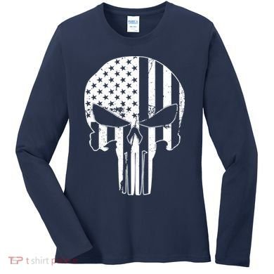 Distressed USA American Skull Women's Long Sleeve Shirt