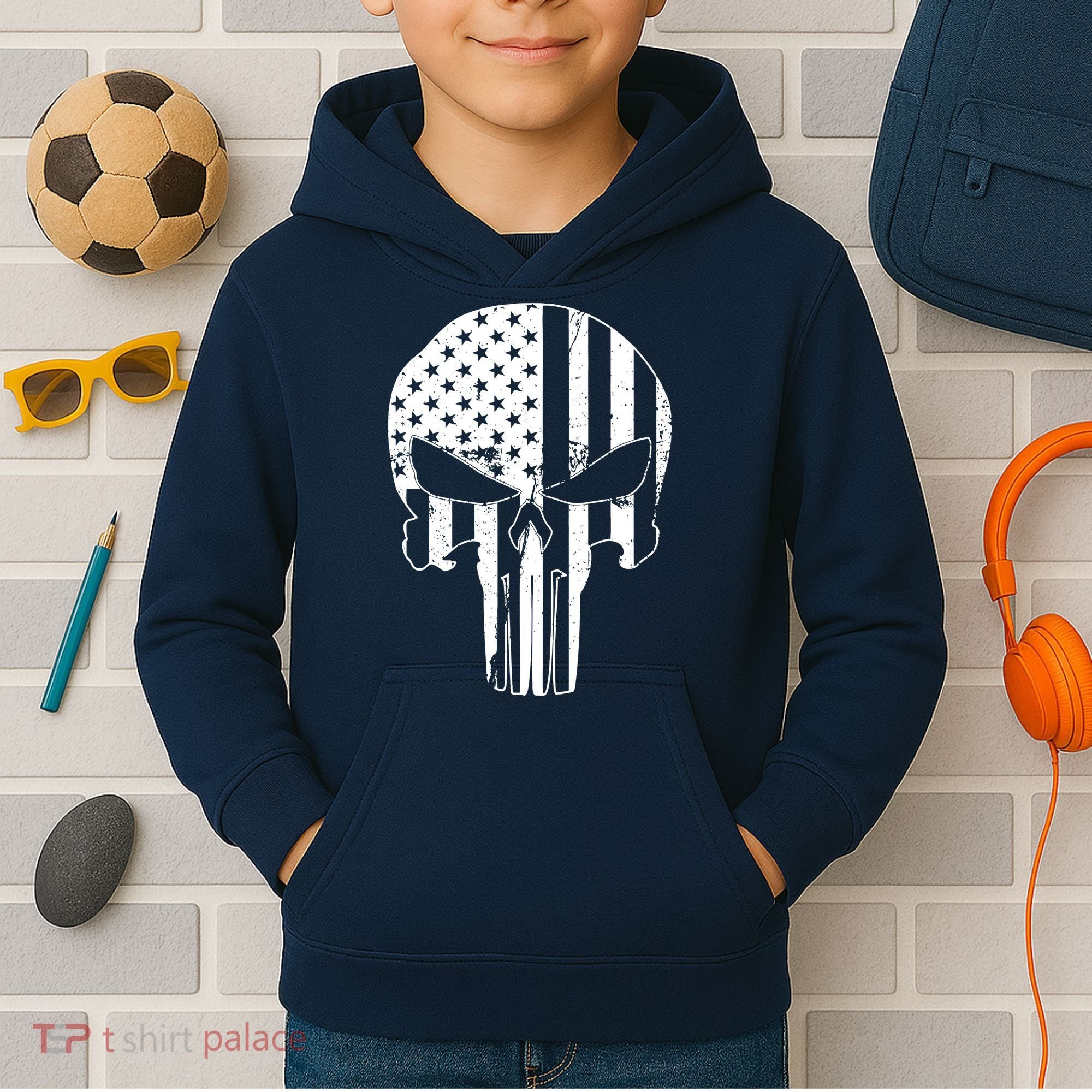 Distressed USA American Skull Kids Hoodie