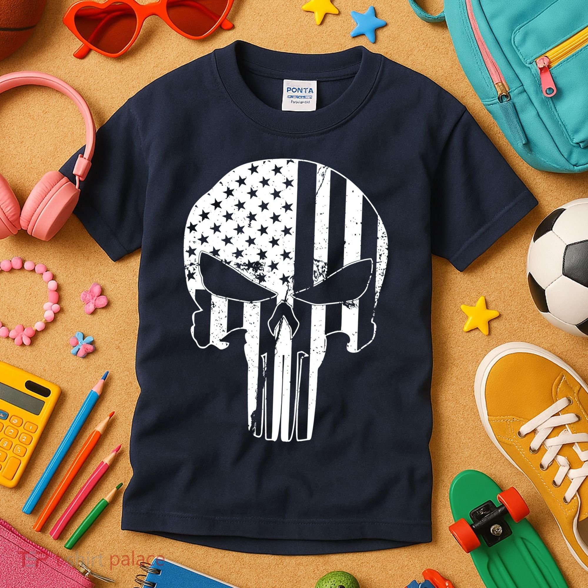 Distressed USA American Skull Kids T-Shirt