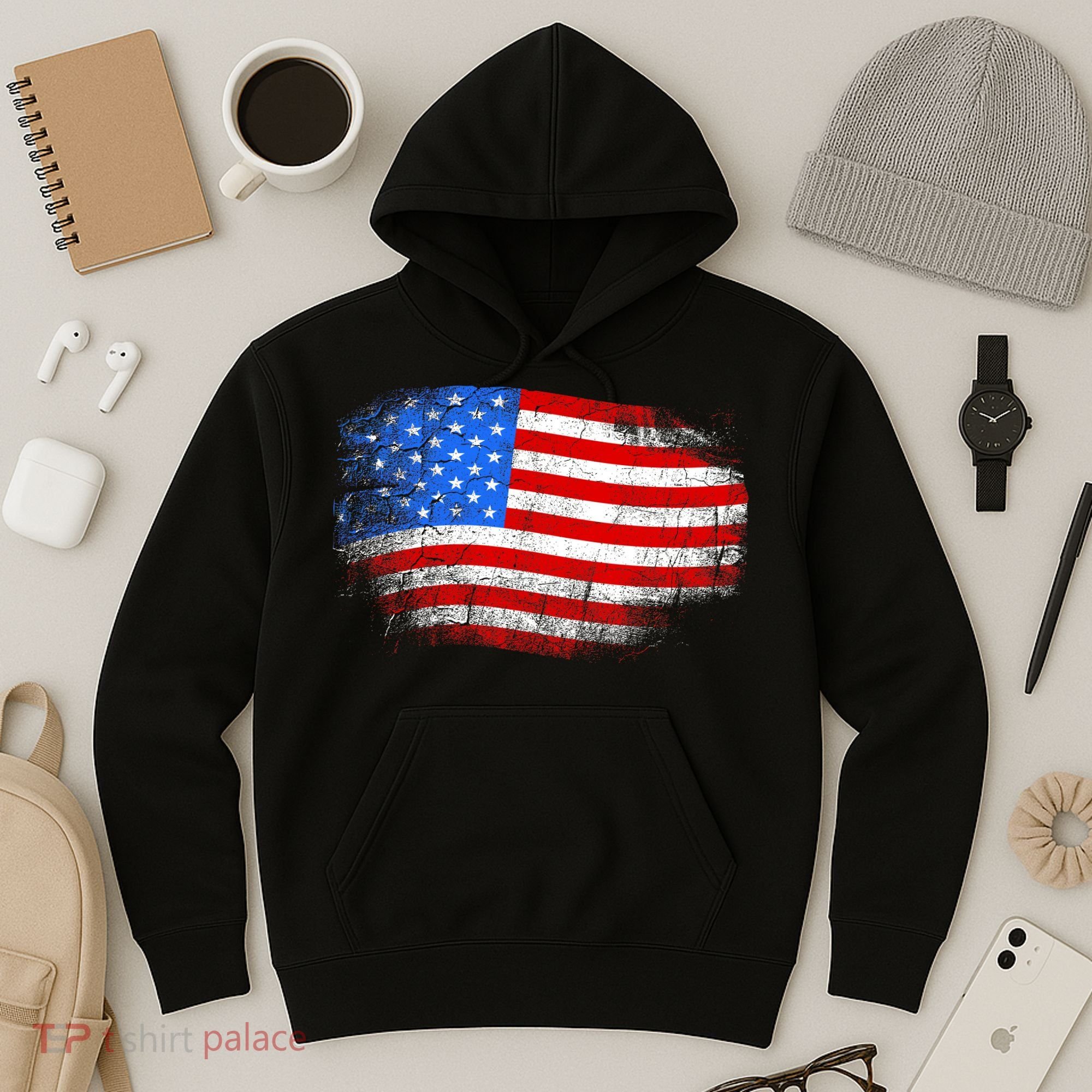 Distressed USA Waving Flag Hoodie