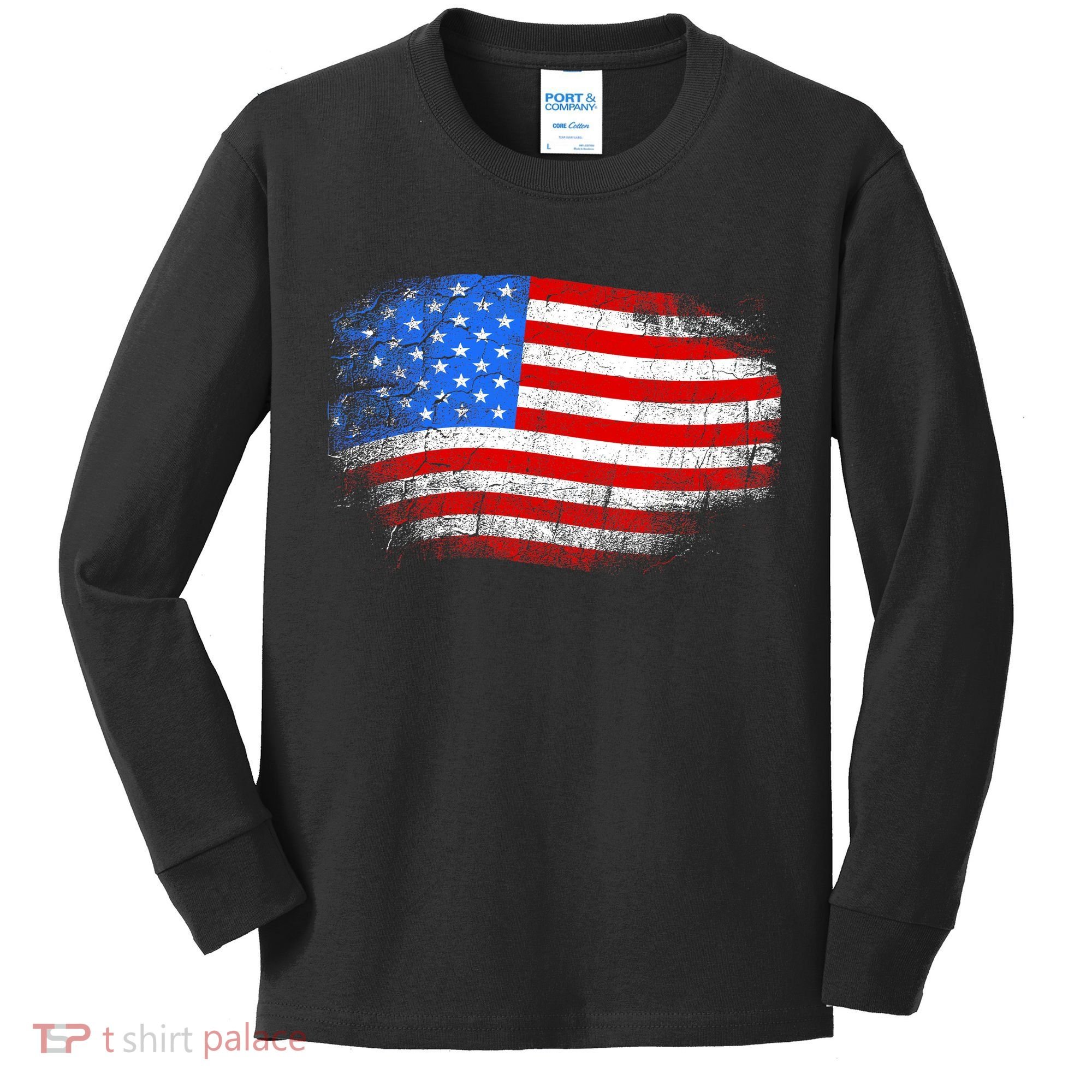 Distressed USA Waving Flag Kids Long Sleeve Shirt