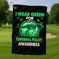 Dinosaur I Wear Green For Cerebral Palsy Awareness Gift Golf Towel thumb 1