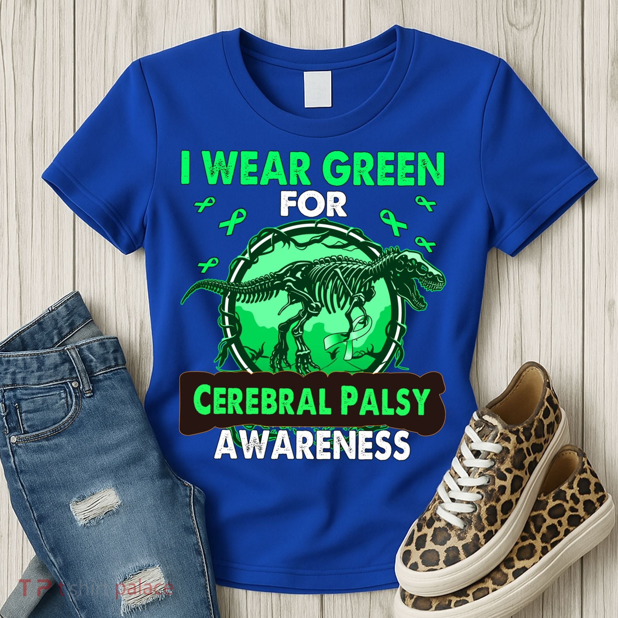 Dinosaur I Wear Green For Cerebral Palsy Awareness Gift Women's T-Shirt