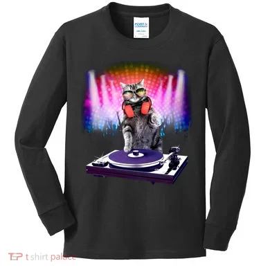 DJ Cat Turntable Mixer Kids Long Sleeve Shirt