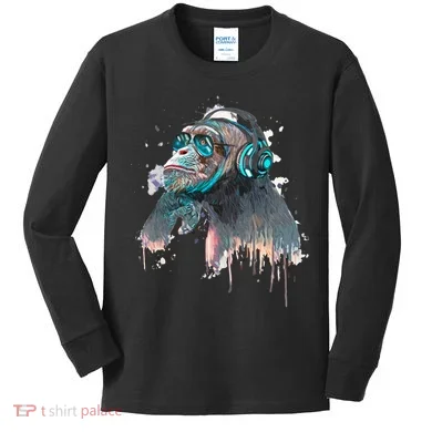 DJ Monkey Thinker Hipster Kids Long Sleeve Shirt