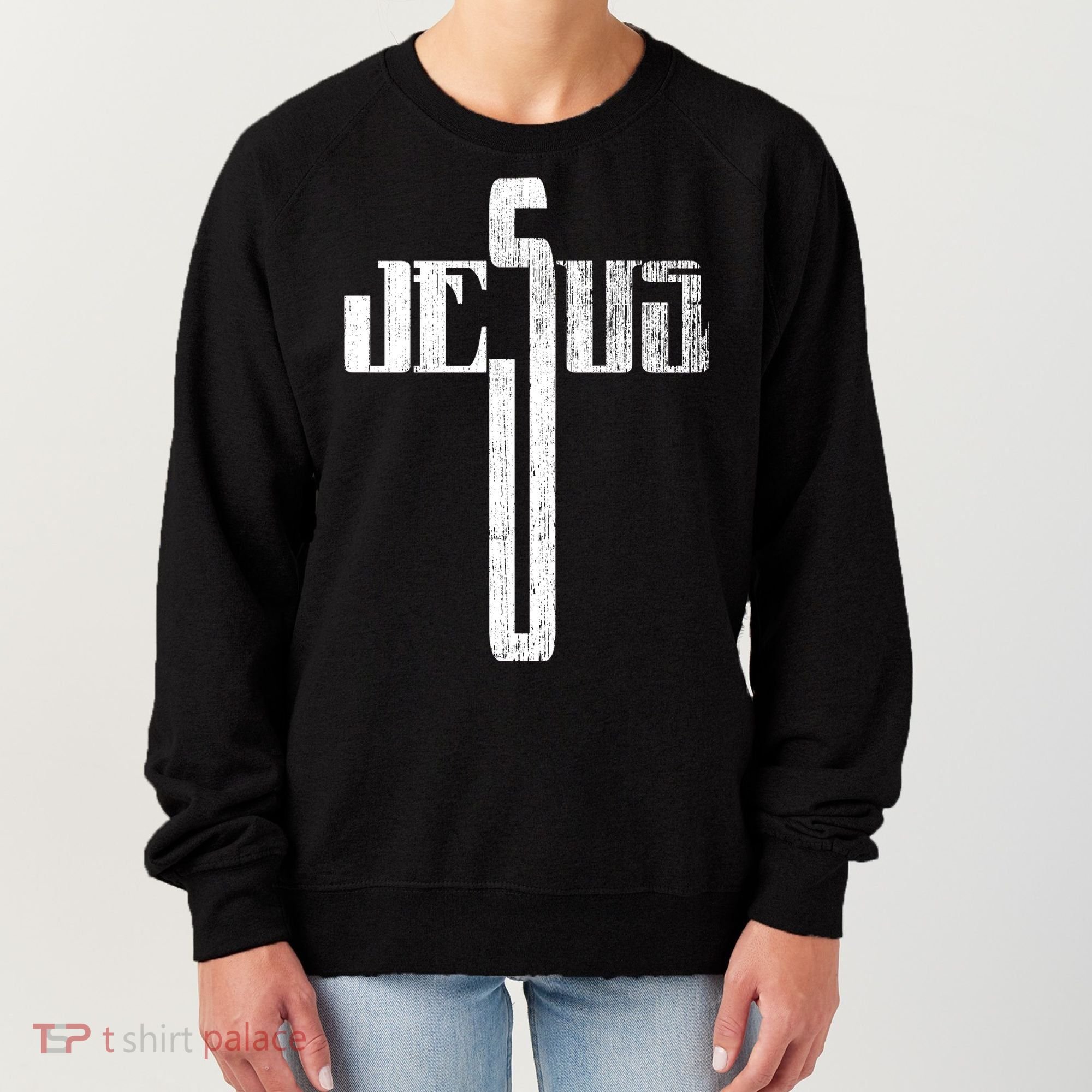 Distressed Jesus Cross Christian Religious Tee Women's Sweatshirt