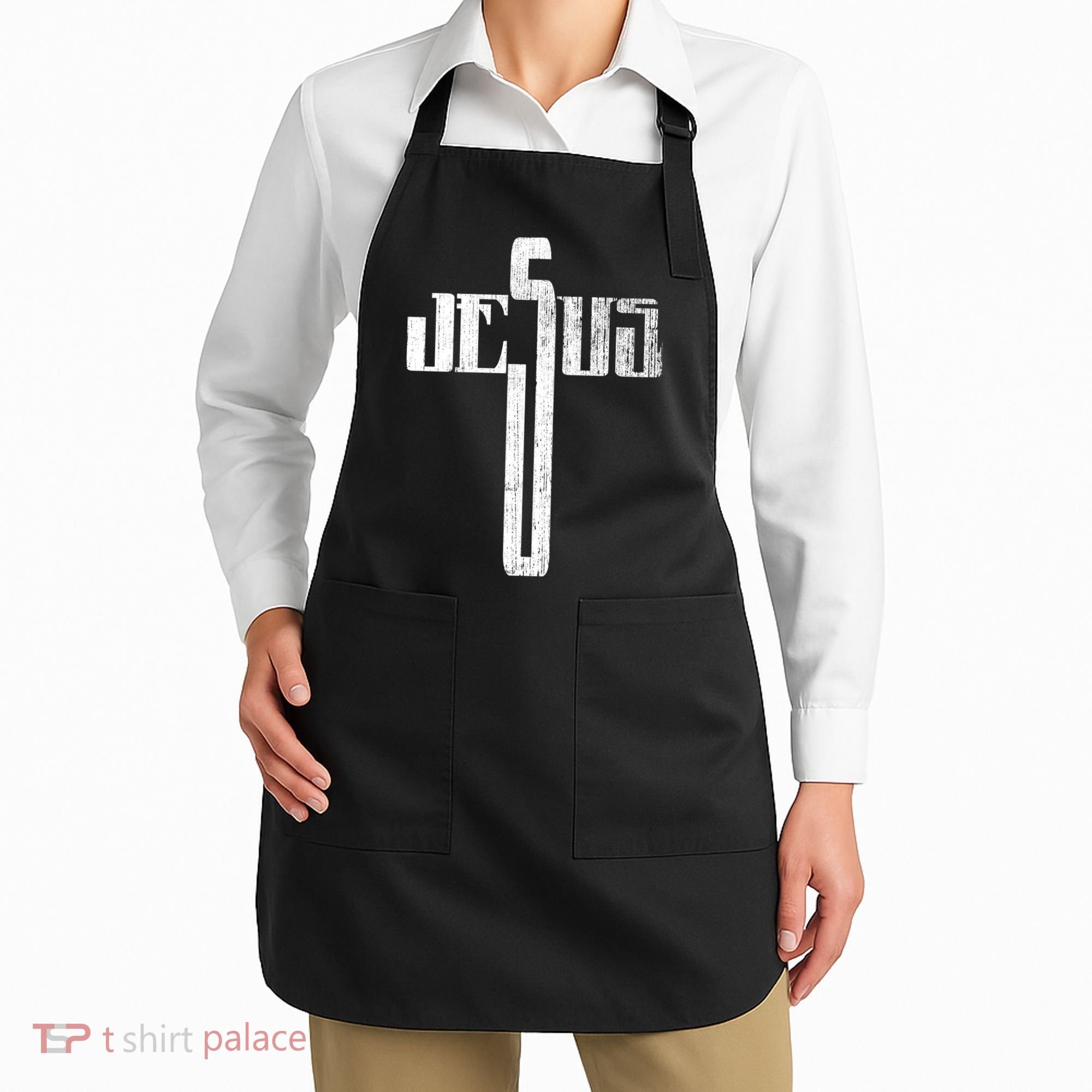 Distressed Jesus Cross Christian Religious Tee Apron