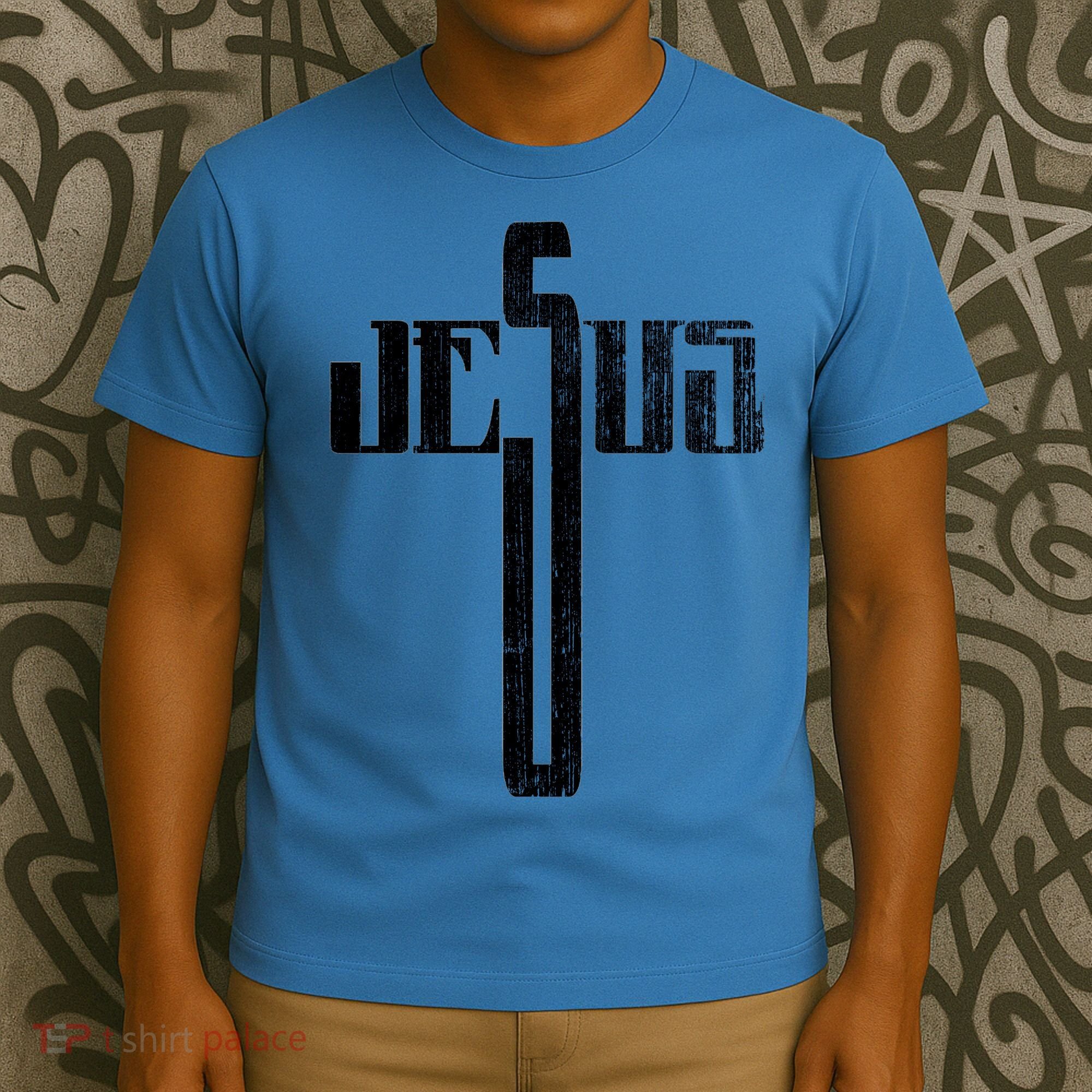 Distressed Jesus Cross Christian Religious Tee T-Shirt