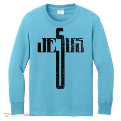 Distressed Jesus Cross Christian Religious Tee Kids Long Sleeve Shirt