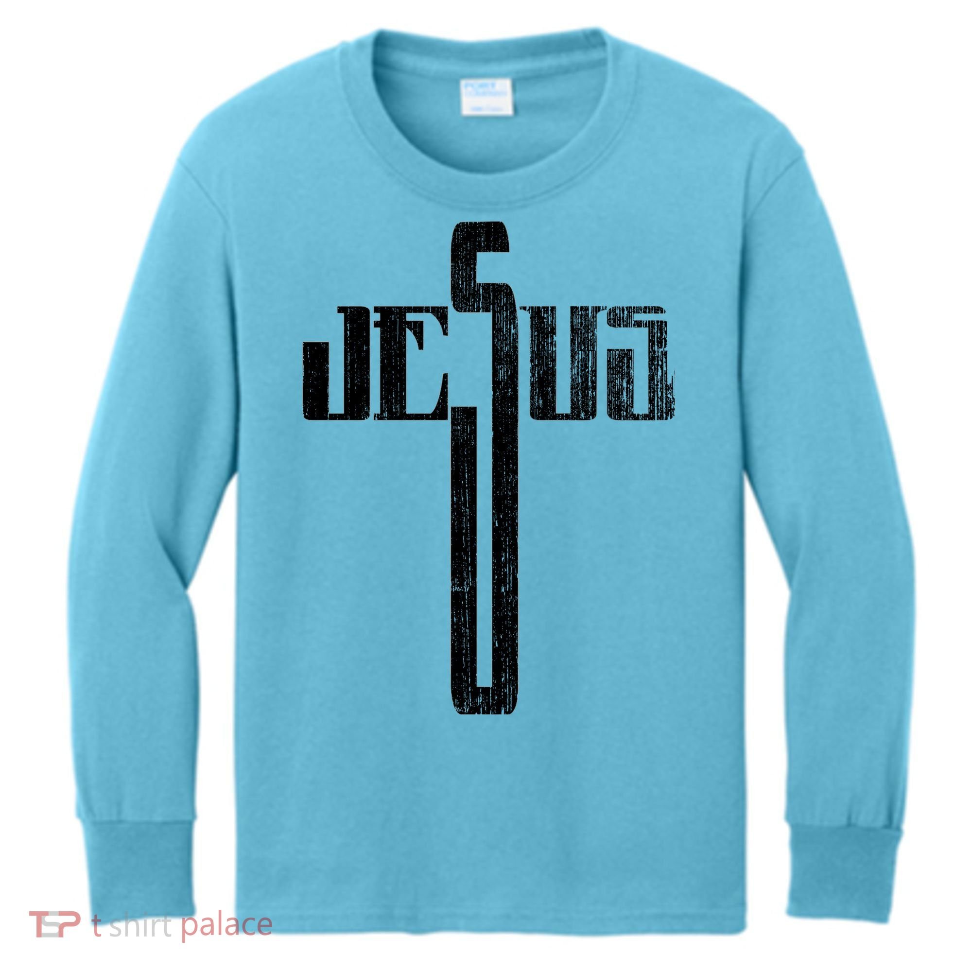Distressed Jesus Cross Christian Religious Tee Kids Long Sleeve Shirt